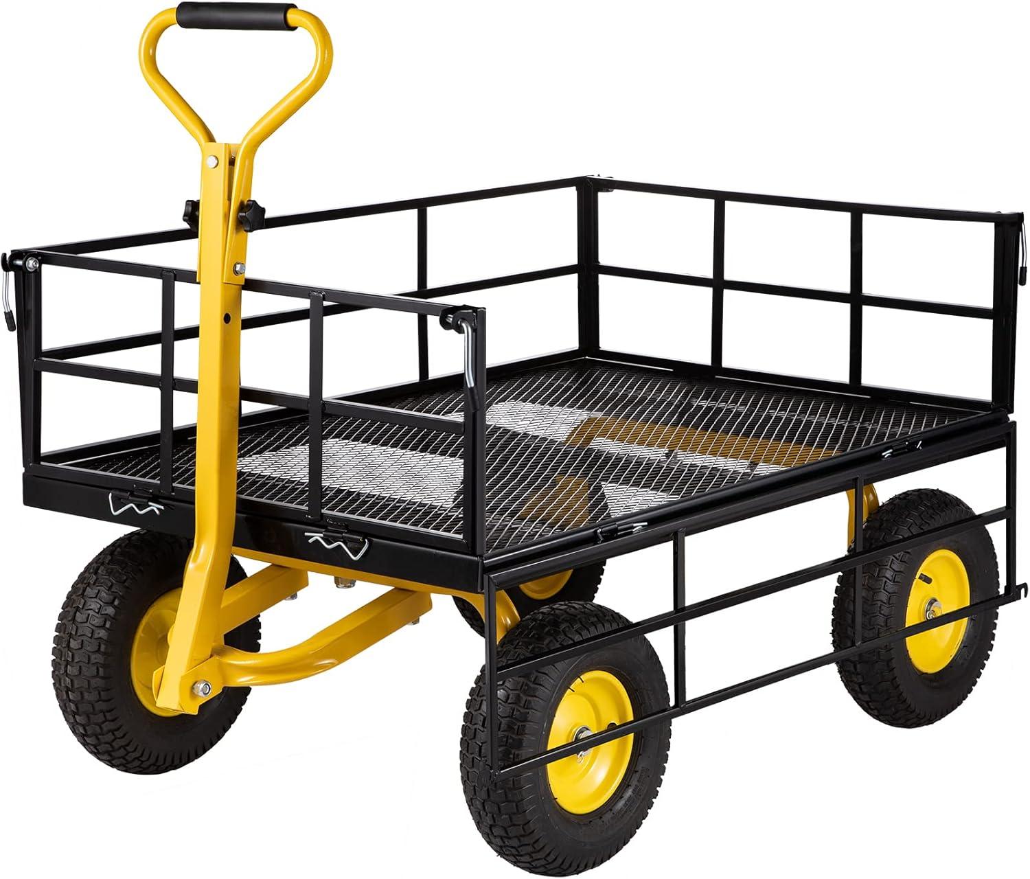 image:imageVEVOR 900 LBS Steel Garden Cart 2 in 1 Handle Heavy Duty Pullable Garden Wagon with 10 FlatFree Tires Outdoor Utility Yard Wagon Cart with Detachable Side Panels Attach to ATV or TractorBlackyellow