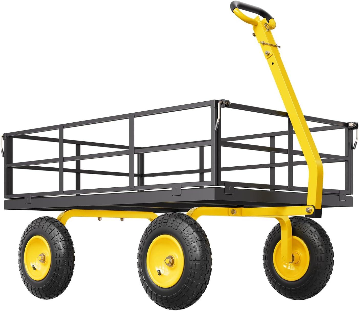 image:imageVEVOR 900 LBS Steel Garden Cart 2 in 1 Handle Heavy Duty Pullable Garden Wagon with 10 FlatFree Tires Outdoor Utility Yard Wagon Cart with Detachable Side Panels Attach to ATV or TractorBlackyellow