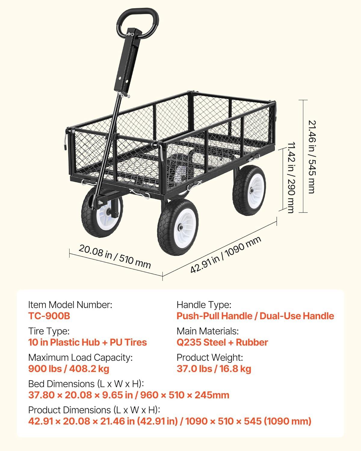 image:imageVEVOR 900 LBS Steel Garden Cart 2 in 1 Handle Heavy Duty Pullable Garden Wagon with 10 FlatFree Tires Outdoor Utility Yard Wagon Cart with Detachable Side Panels Attach to ATV or TractorBlack