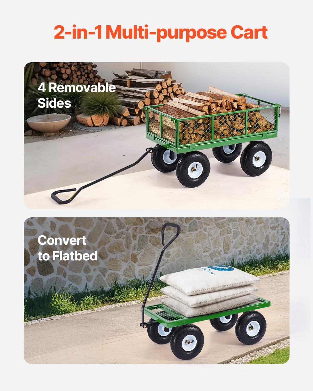 image:imageVEVOR 900 LBS Steel Garden Cart 2 in 1 Handle Heavy Duty Pullable Garden Wagon with 10 FlatFree Tires Outdoor Utility Yard Wagon Cart with Detachable Side Panels Attach to ATV or TractorBlackgreen