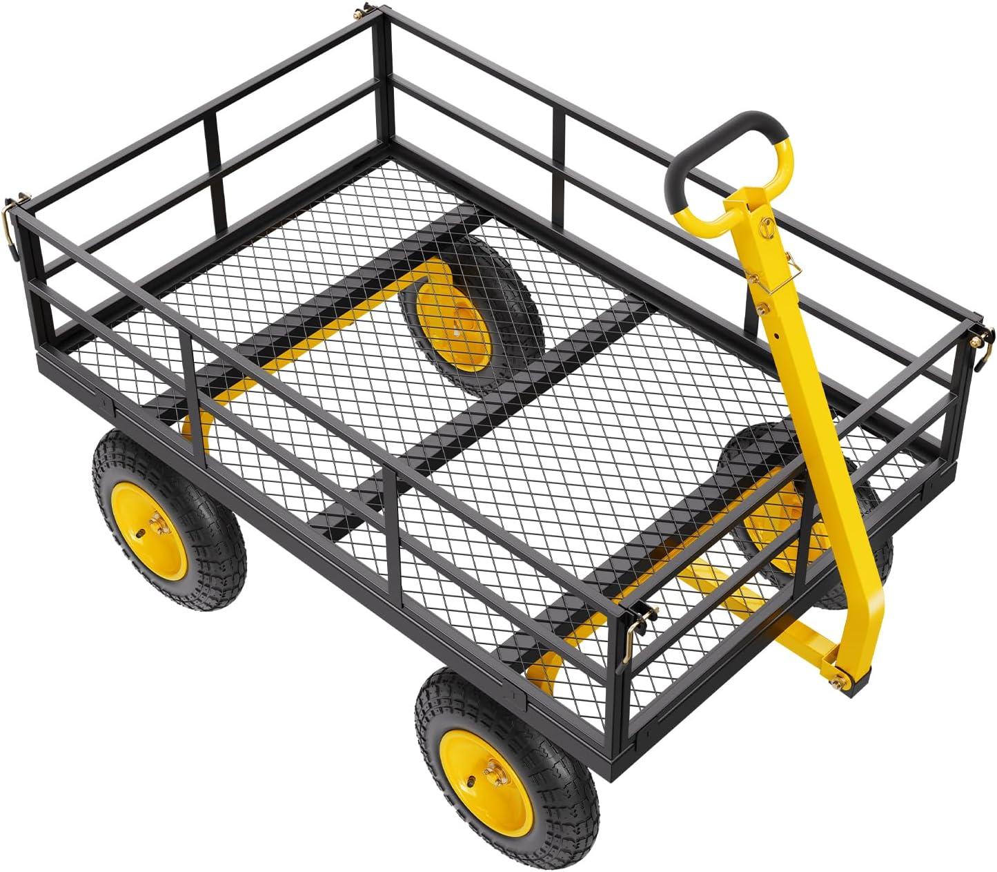 image:imageVEVOR 900 LBS Steel Garden Cart 2 in 1 Handle Heavy Duty Pullable Garden Wagon with 10 FlatFree Tires Outdoor Utility Yard Wagon Cart with Detachable Side Panels Attach to ATV or TractorBlackyellow
