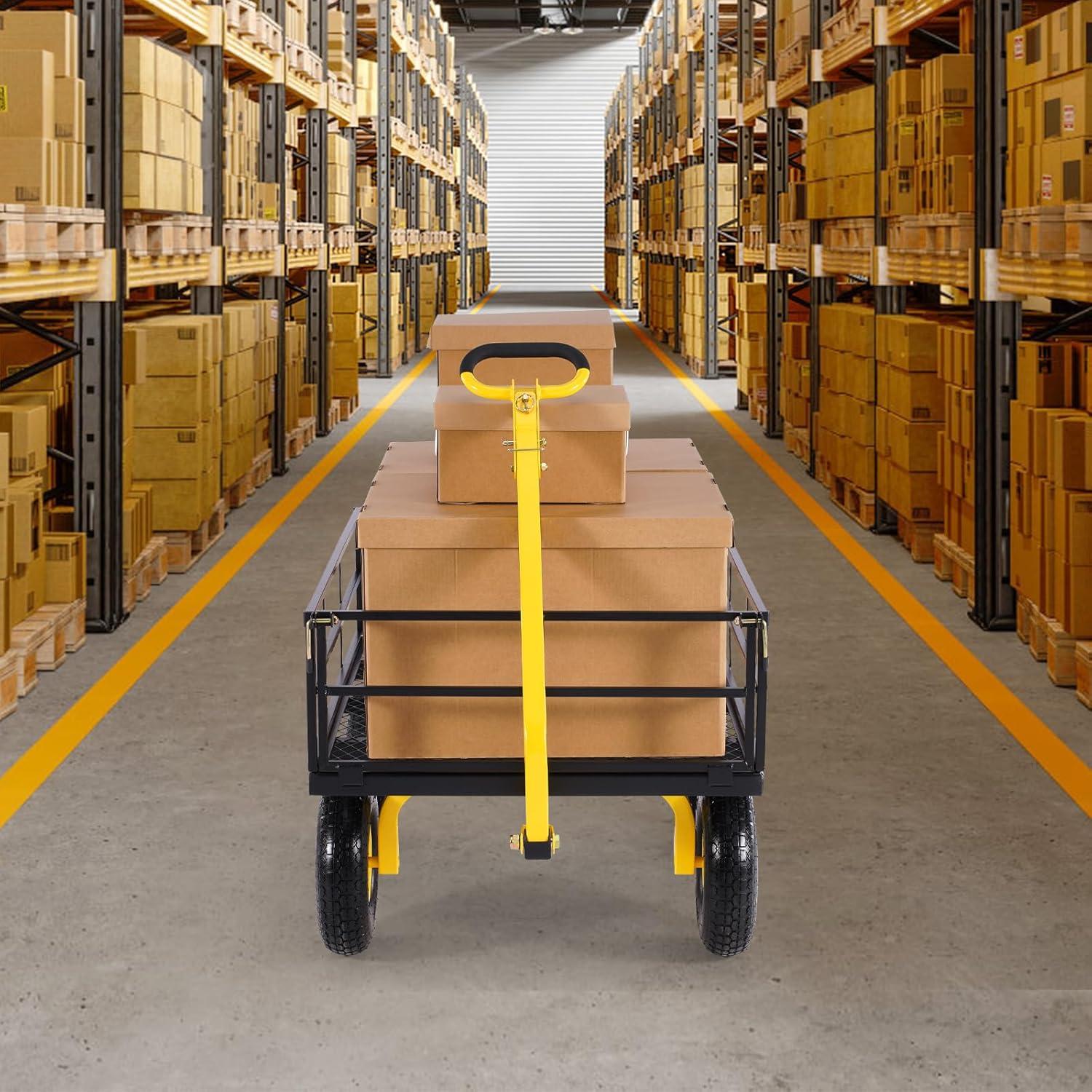 image:imageVEVOR 900 LBS Steel Garden Cart 2 in 1 Handle Heavy Duty Pullable Garden Wagon with 10 FlatFree Tires Outdoor Utility Yard Wagon Cart with Detachable Side Panels Attach to ATV or TractorBlackyellow