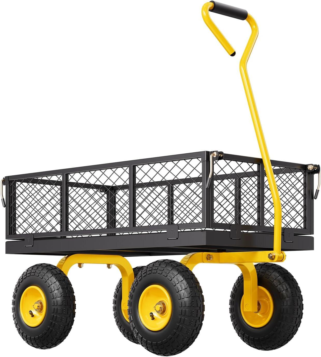 image:imageVEVOR 900 LBS Steel Garden Cart 2 in 1 Handle Heavy Duty Pullable Garden Wagon with 10 FlatFree Tires Outdoor Utility Yard Wagon Cart with Detachable Side Panels Attach to ATV or TractorBlackyellow