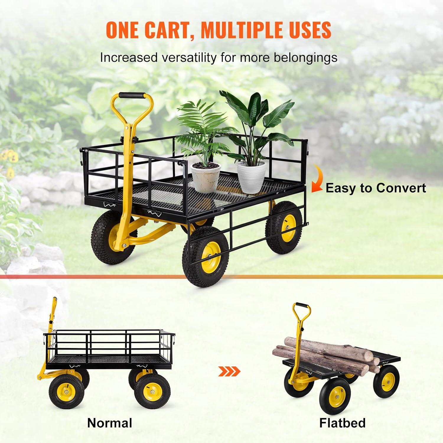 image:imageVEVOR 900 LBS Steel Garden Cart 2 in 1 Handle Heavy Duty Pullable Garden Wagon with 10 FlatFree Tires Outdoor Utility Yard Wagon Cart with Detachable Side Panels Attach to ATV or TractorBlackyellow