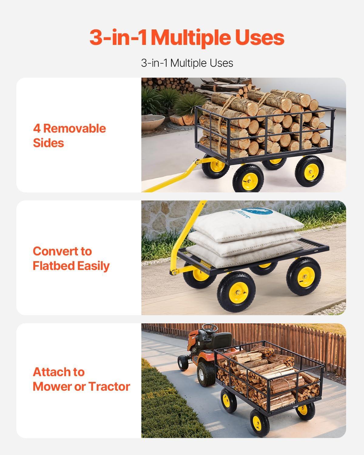 image:imageVEVOR 900 LBS Steel Garden Cart 2 in 1 Handle Heavy Duty Pullable Garden Wagon with 10 FlatFree Tires Outdoor Utility Yard Wagon Cart with Detachable Side Panels Attach to ATV or TractorBlackyellow