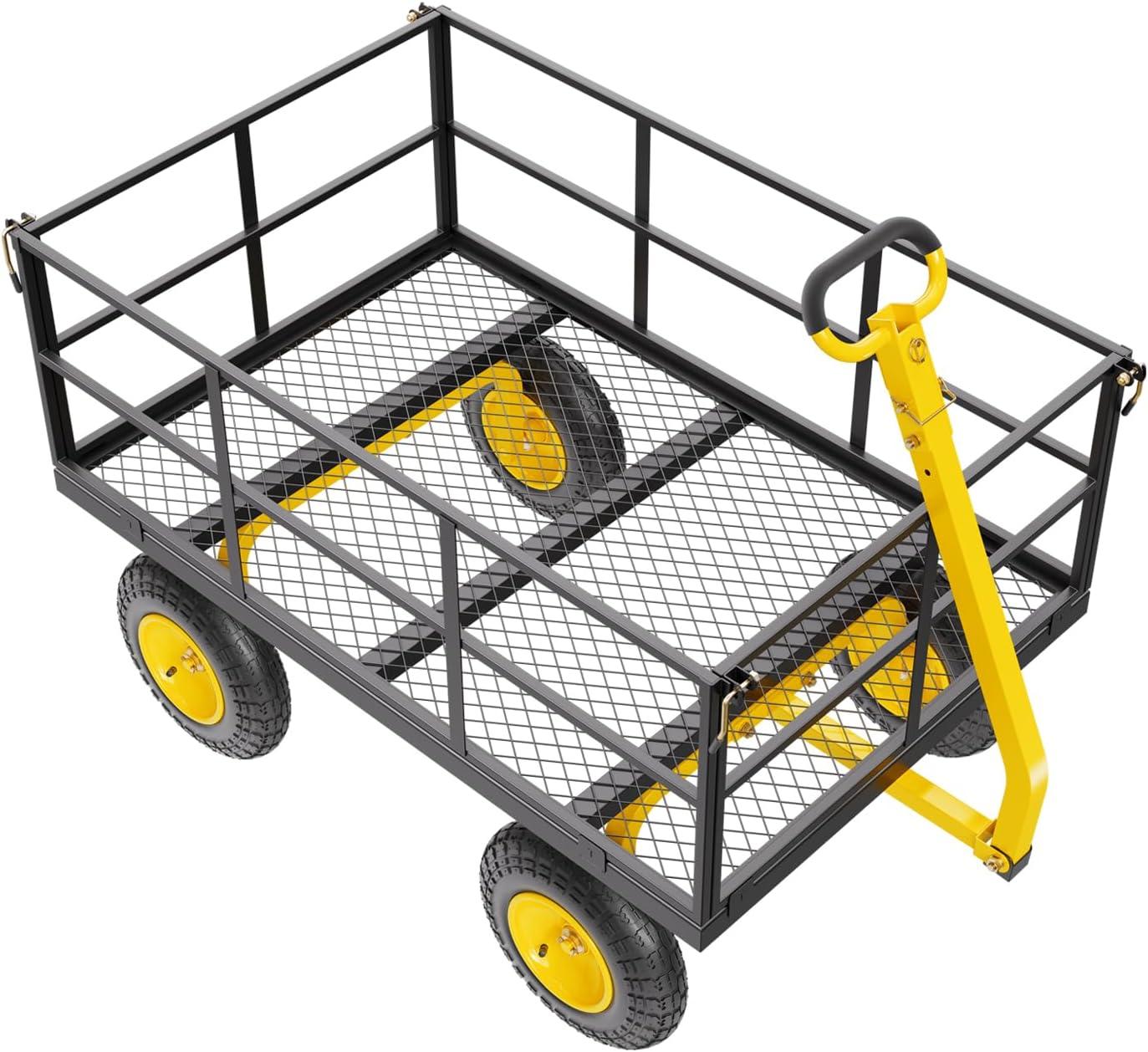 image:imageVEVOR 900 LBS Steel Garden Cart 2 in 1 Handle Heavy Duty Pullable Garden Wagon with 10 FlatFree Tires Outdoor Utility Yard Wagon Cart with Detachable Side Panels Attach to ATV or TractorBlackyellow