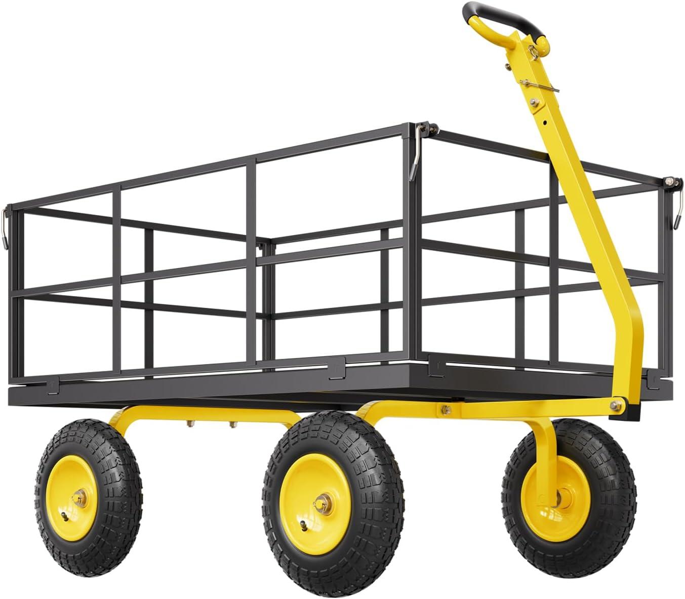 image:imageVEVOR 900 LBS Steel Garden Cart 2 in 1 Handle Heavy Duty Pullable Garden Wagon with 10 FlatFree Tires Outdoor Utility Yard Wagon Cart with Detachable Side Panels Attach to ATV or TractorBlackyellow