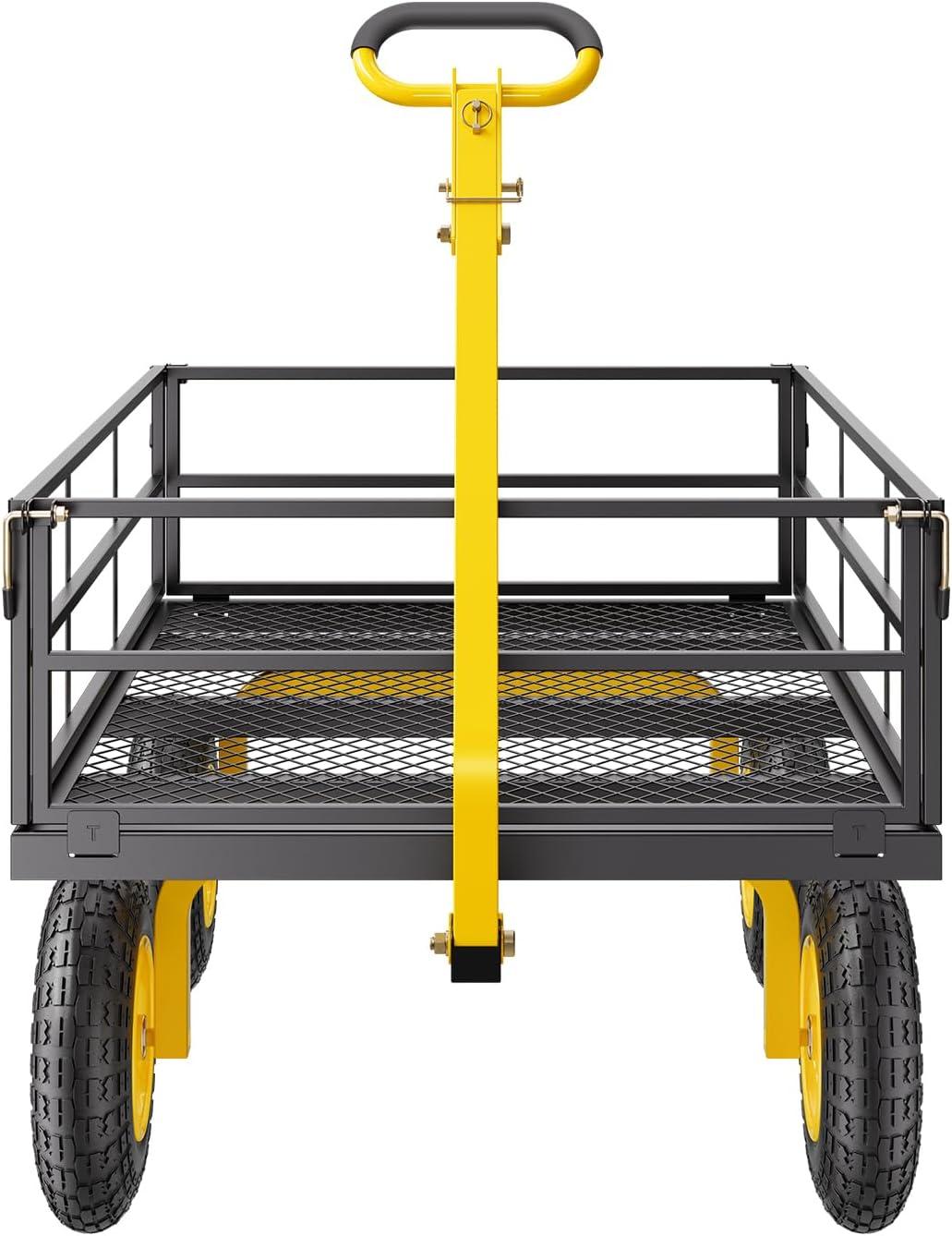 image:imageVEVOR 900 LBS Steel Garden Cart 2 in 1 Handle Heavy Duty Pullable Garden Wagon with 10 FlatFree Tires Outdoor Utility Yard Wagon Cart with Detachable Side Panels Attach to ATV or TractorBlackyellow