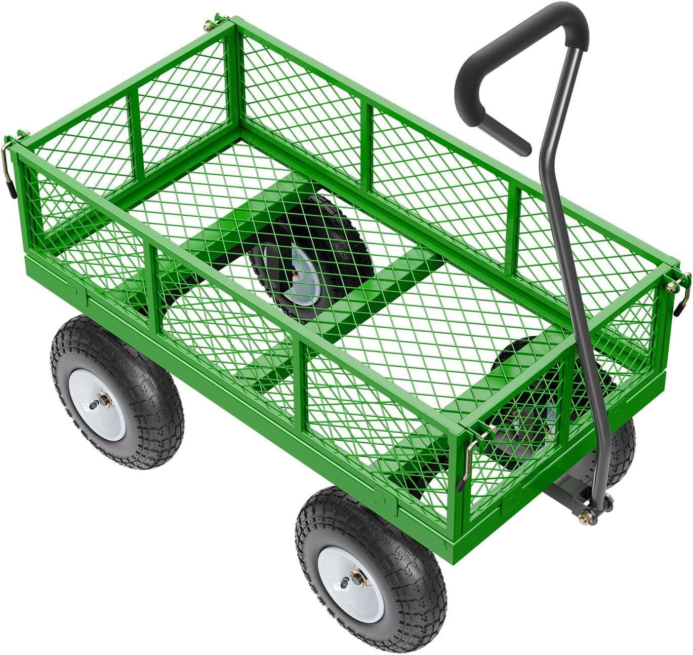 image:imageVEVOR 900 LBS Steel Garden Cart 2 in 1 Handle Heavy Duty Pullable Garden Wagon with 10 FlatFree Tires Outdoor Utility Yard Wagon Cart with Detachable Side Panels Attach to ATV or TractorBlackgreen