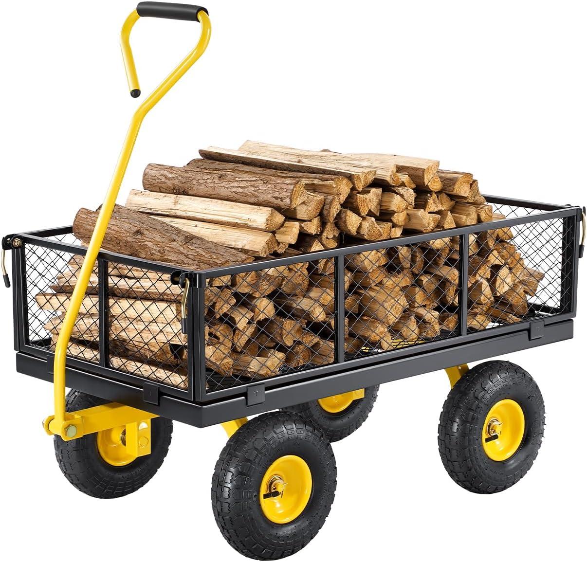 image:imageVEVOR 900 LBS Steel Garden Cart 2 in 1 Handle Heavy Duty Pullable Garden Wagon with 10 FlatFree Tires Outdoor Utility Yard Wagon Cart with Detachable Side Panels Attach to ATV or TractorBlackyellow