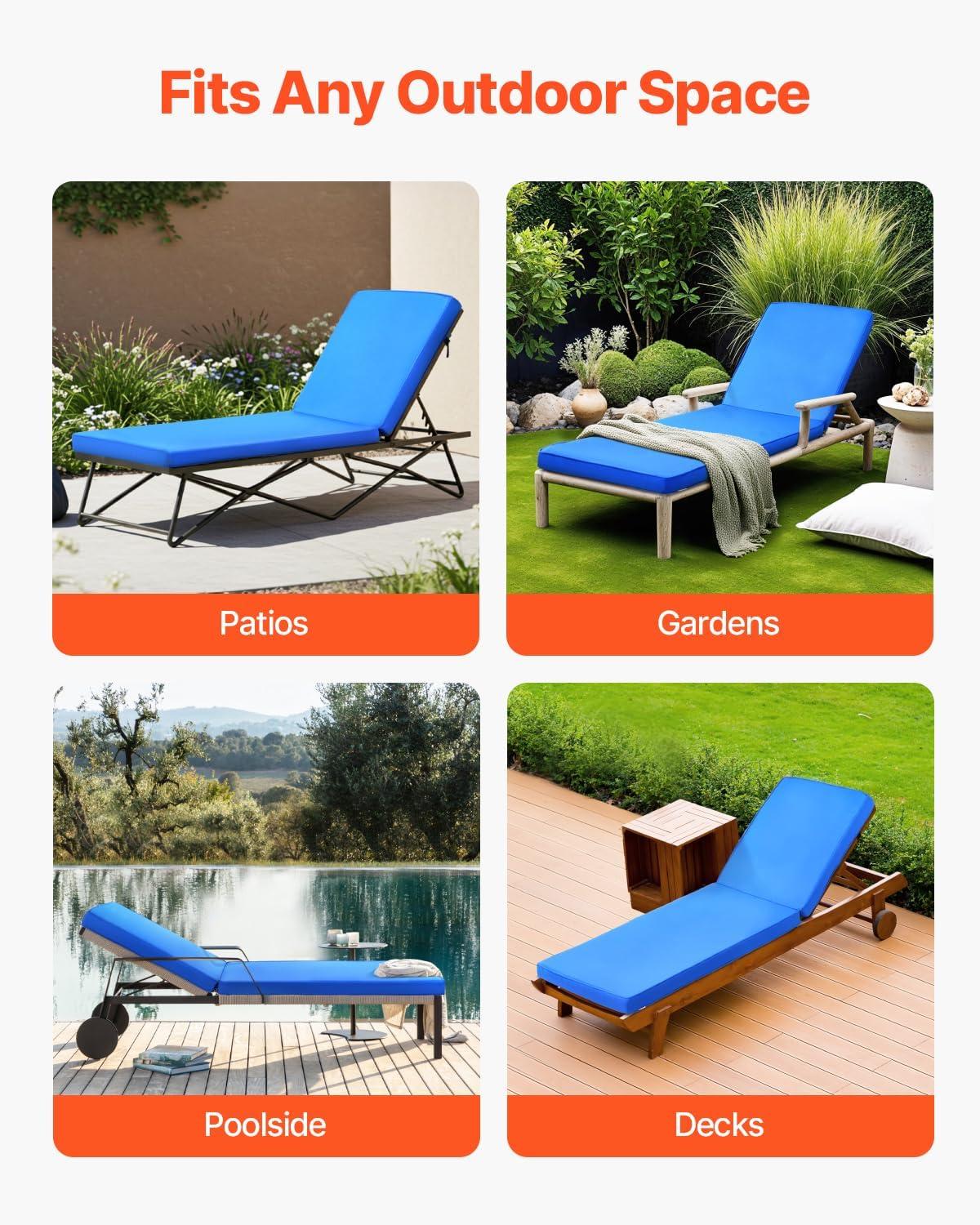 image:imageVEVOR Chaise Lounge Cushion 72 x 21 x 3 in Outdoor Lounge Chair Cushions Waterproof amp FadeResistant Sun Lounger Replacement Cushions with Ties Patio Lounger Pads for Pool Deck Lawn Blue