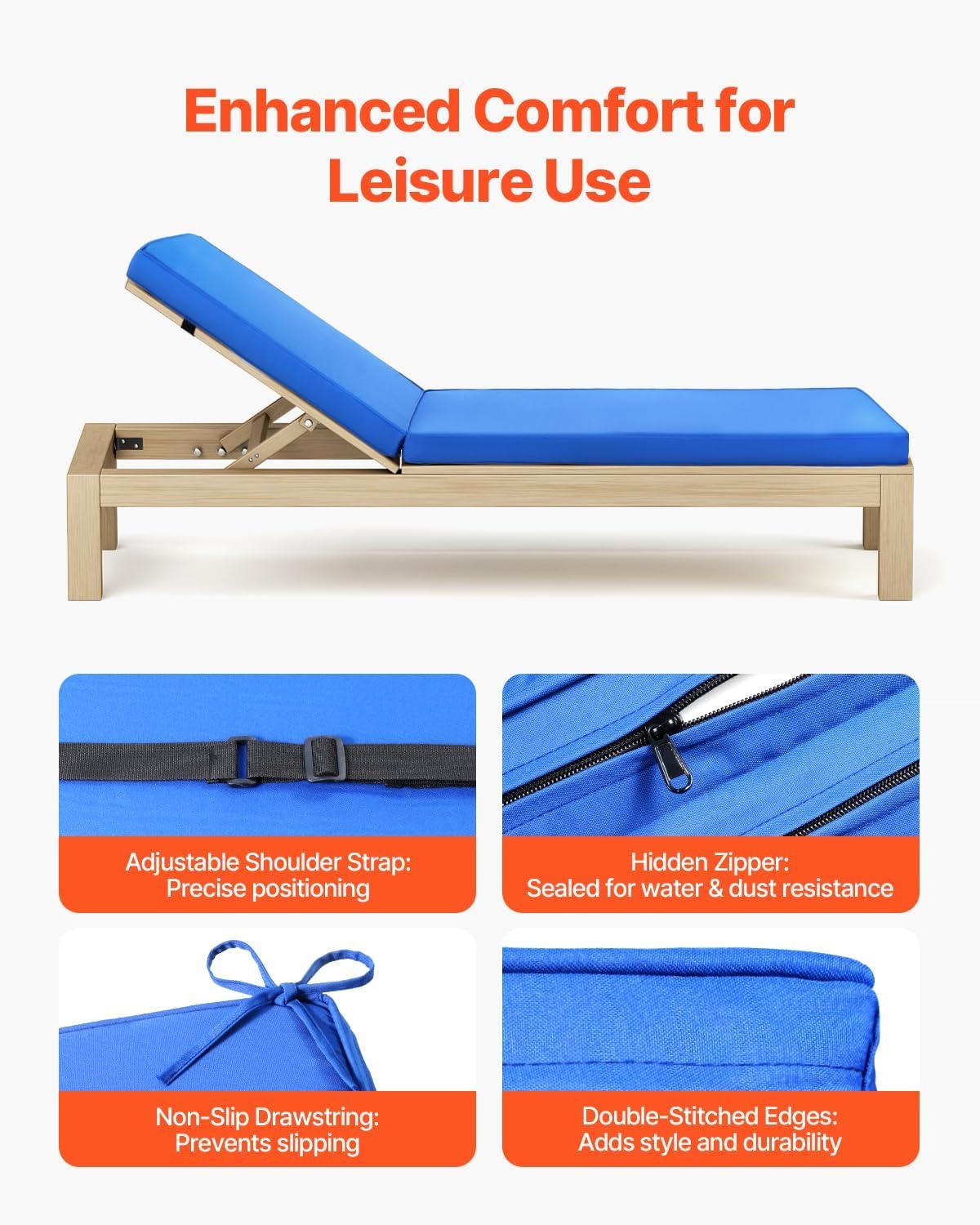 image:imageVEVOR Chaise Lounge Cushion 72 x 21 x 3 in Outdoor Lounge Chair Cushions Waterproof amp FadeResistant Sun Lounger Replacement Cushions with Ties Patio Lounger Pads for Pool Deck Lawn Blue