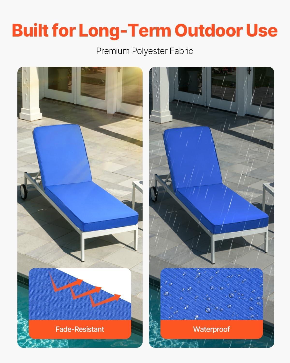 image:imageVEVOR Chaise Lounge Cushion 72 x 21 x 3 in Outdoor Lounge Chair Cushions Waterproof amp FadeResistant Sun Lounger Replacement Cushions with Ties Patio Lounger Pads for Pool Deck Lawn Blue