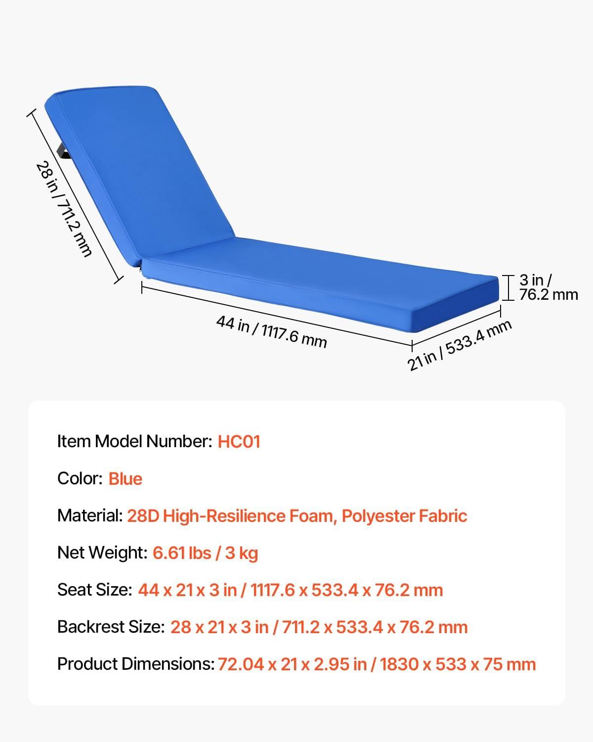 image:imageVEVOR Chaise Lounge Cushion 72 x 21 x 3 in Outdoor Lounge Chair Cushions Waterproof amp FadeResistant Sun Lounger Replacement Cushions with Ties Patio Lounger Pads for Pool Deck Lawn Blue