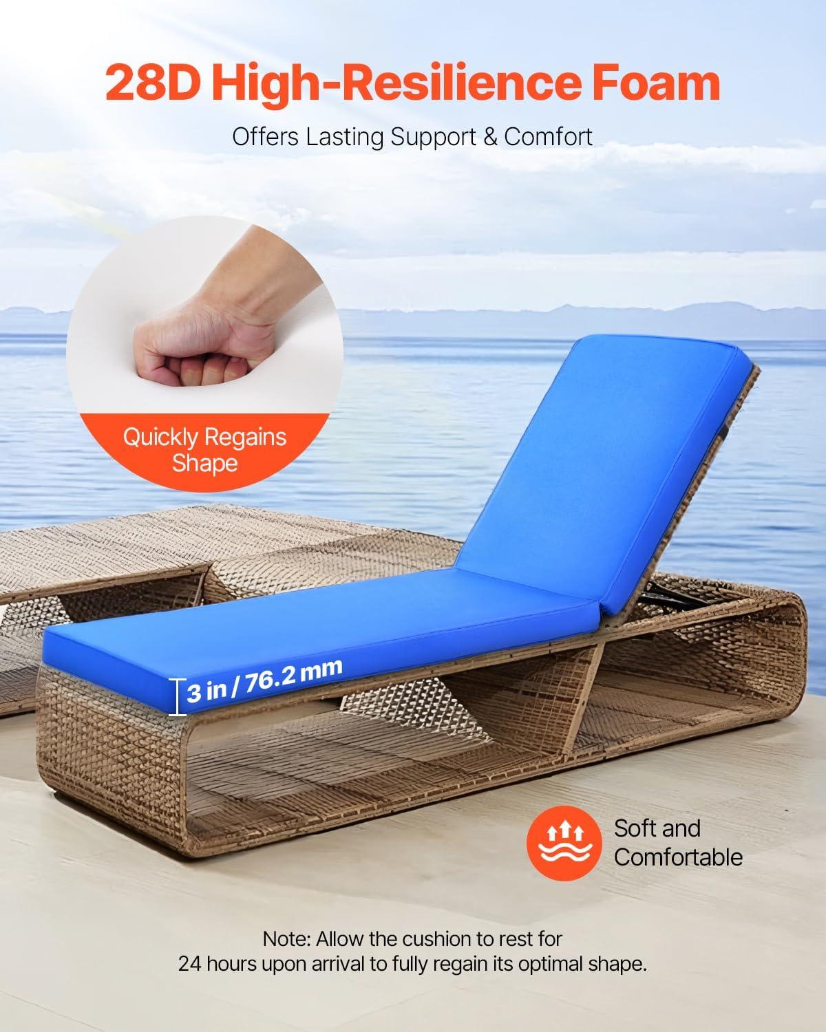 image:imageVEVOR Chaise Lounge Cushion 72 x 21 x 3 in Outdoor Lounge Chair Cushions Waterproof amp FadeResistant Sun Lounger Replacement Cushions with Ties Patio Lounger Pads for Pool Deck Lawn Blue
