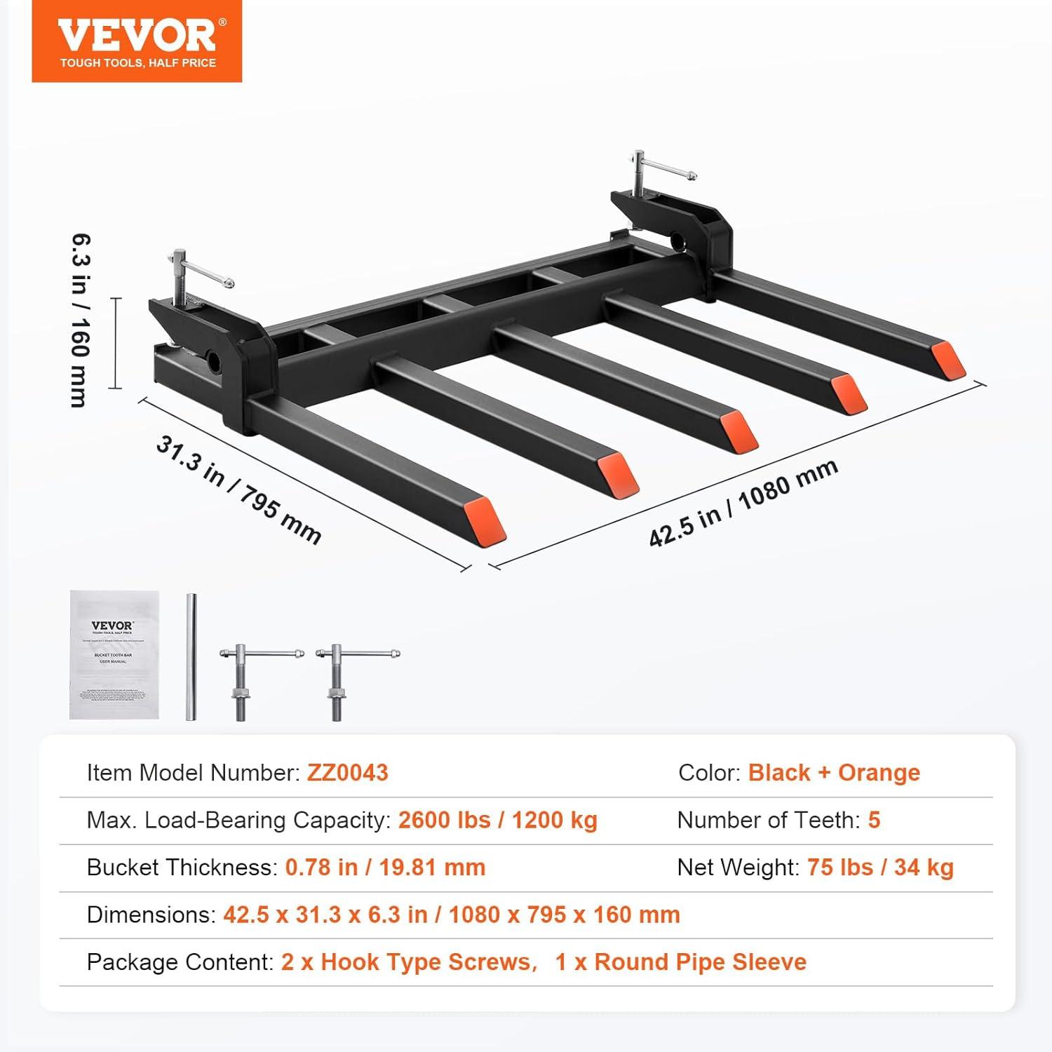 image:imageVEVOR Clamp on Debris Forks for 60 inch Buckets 4560 lbs Loading Weight Pallet Forks for Loader Tractor Buckets Skidsteer for Removing Limbs Yard Waste and Debris48