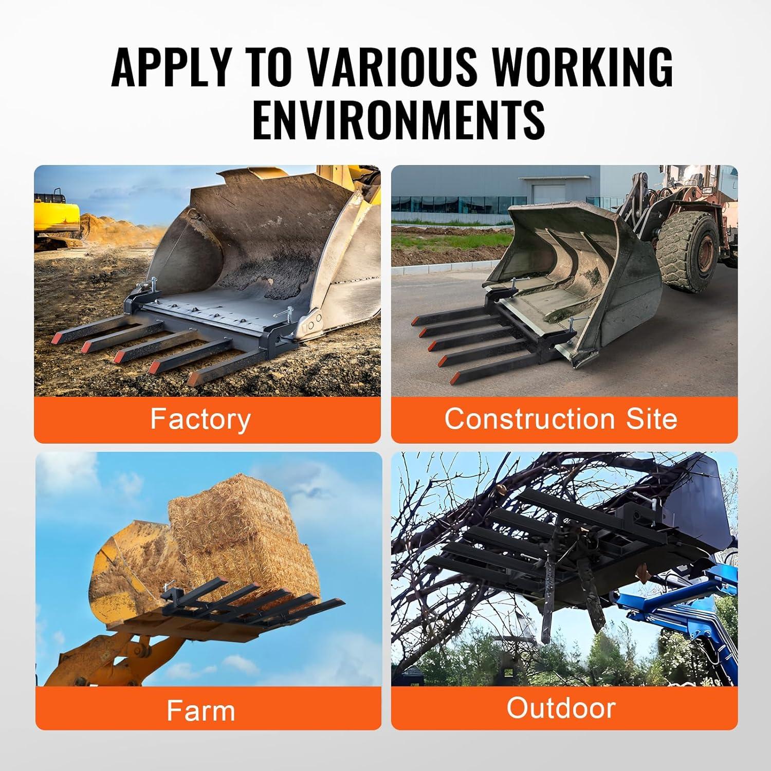 image:imageVEVOR Clamp on Debris Forks for 60 inch Buckets 4560 lbs Loading Weight Pallet Forks for Loader Tractor Buckets Skidsteer for Removing Limbs Yard Waste and Debris48