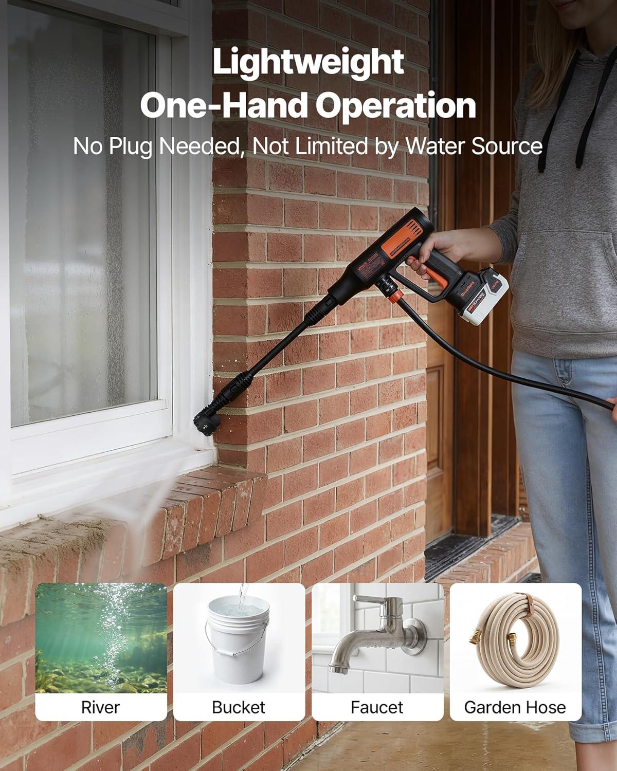 image:imageVEVOR Cordless Pressure Washer 1200PSI MAX Portable Pressure Washer with Brushless Motor 6in1 Nozzle amp Water Hose 4 Speed Adjustable Battery Powered Handheld Power Cleaner for Home Garden Patio