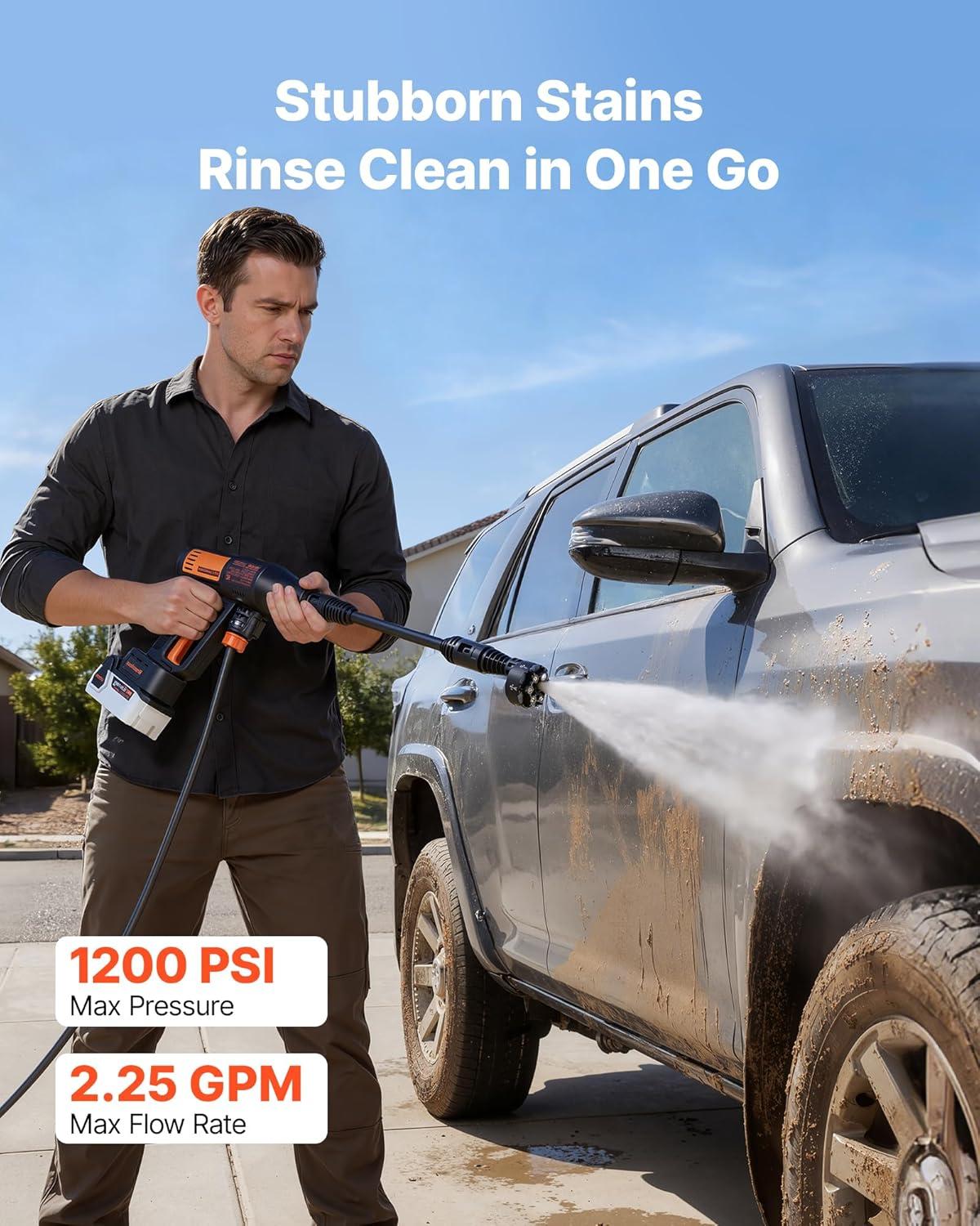 image:imageVEVOR Cordless Pressure Washer 1200PSI MAX Portable Pressure Washer with Brushless Motor 6in1 Nozzle amp Water Hose 4 Speed Adjustable Battery Powered Handheld Power Cleaner for Home Garden Patio