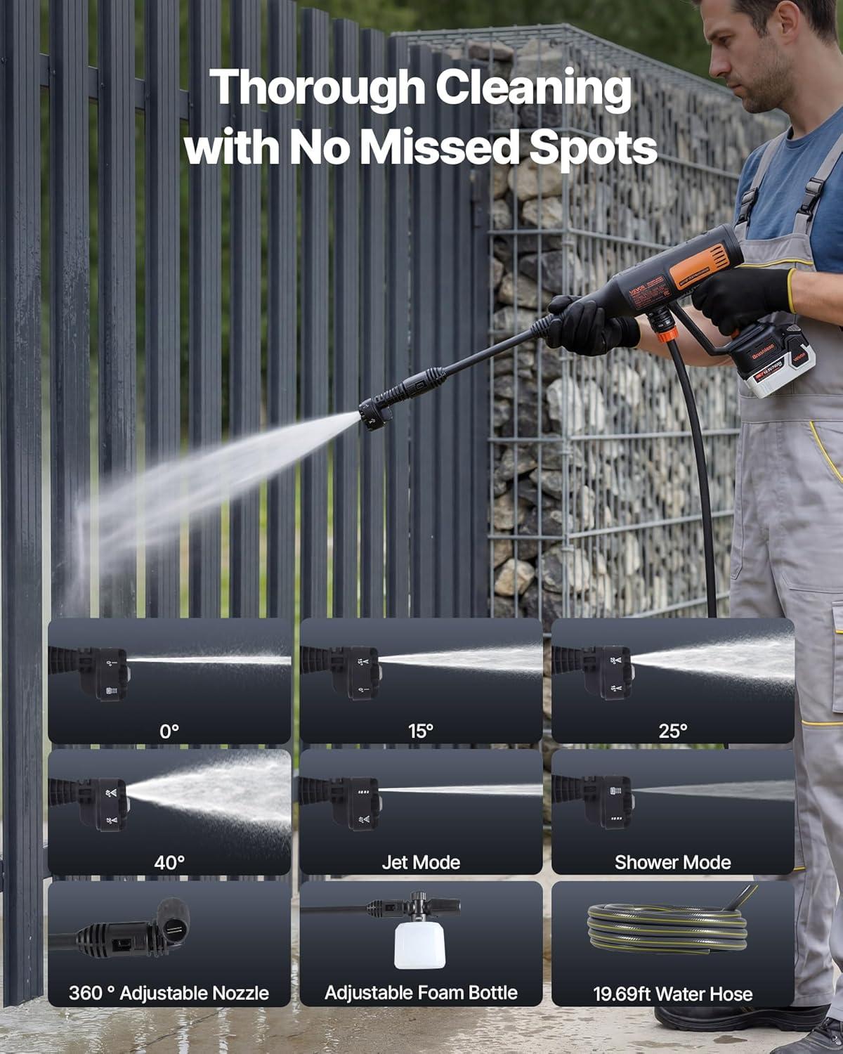 image:imageVEVOR Cordless Pressure Washer 1200PSI MAX Portable Pressure Washer with Brushless Motor 6in1 Nozzle amp Water Hose 4 Speed Adjustable Battery Powered Handheld Power Cleaner for Home Garden Patio