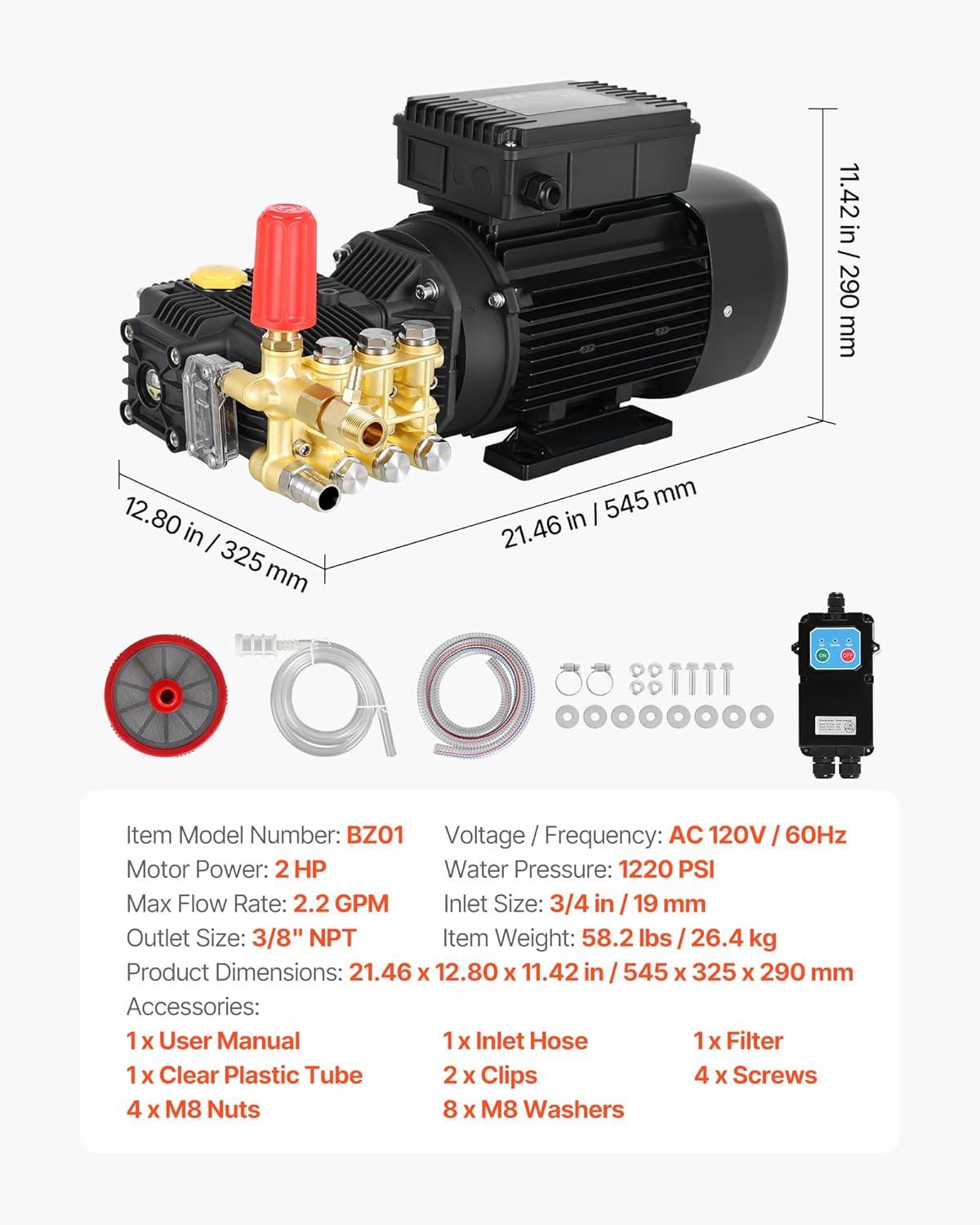 image:imageVEVOR Electric Pressure Washer Pump Kit 1220 PSI 22 GPM Triplex Power Washer Pump with 2 HP Motor 120 V Adjustable Water Pressure for Washing Cars Gardens Exterior Walls Machinery Equipment