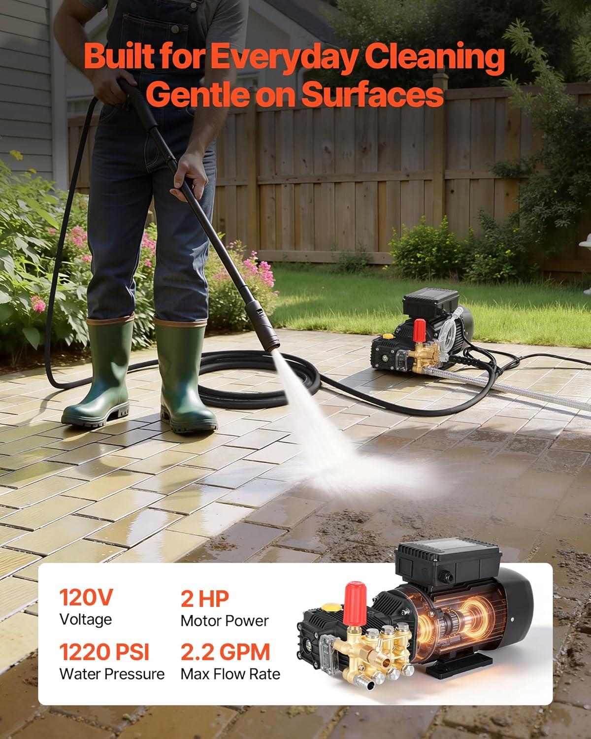 image:imageVEVOR Electric Pressure Washer Pump Kit 1220 PSI 22 GPM Triplex Power Washer Pump with 2 HP Motor 120 V Adjustable Water Pressure for Washing Cars Gardens Exterior Walls Machinery Equipment