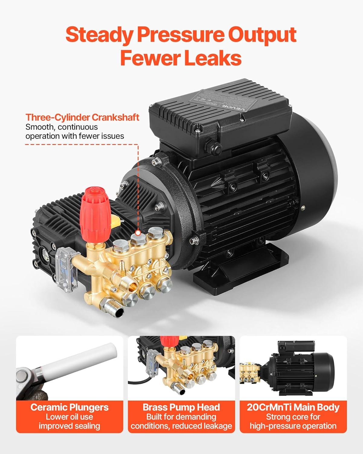 image:imageVEVOR Electric Pressure Washer Pump Kit 1950 PSI 32 GPM Triplex Power Washer Pump with 5 HP Motor 240 V Adjustable Water Pressure for Washing Cars Gardens Exterior Walls Machinery Equipment