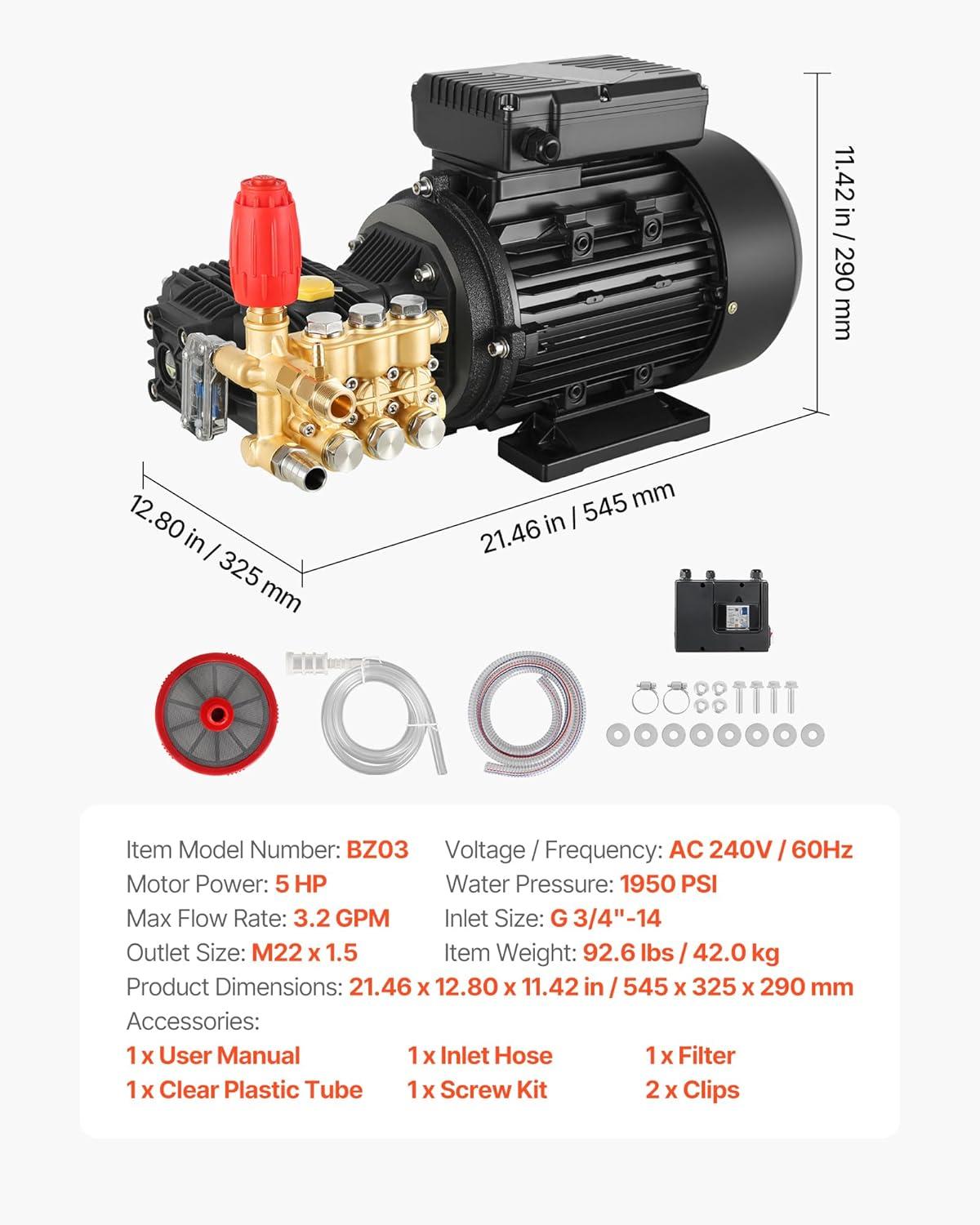 image:imageVEVOR Electric Pressure Washer Pump Kit 1950 PSI 32 GPM Triplex Power Washer Pump with 5 HP Motor 240 V Adjustable Water Pressure for Washing Cars Gardens Exterior Walls Machinery Equipment