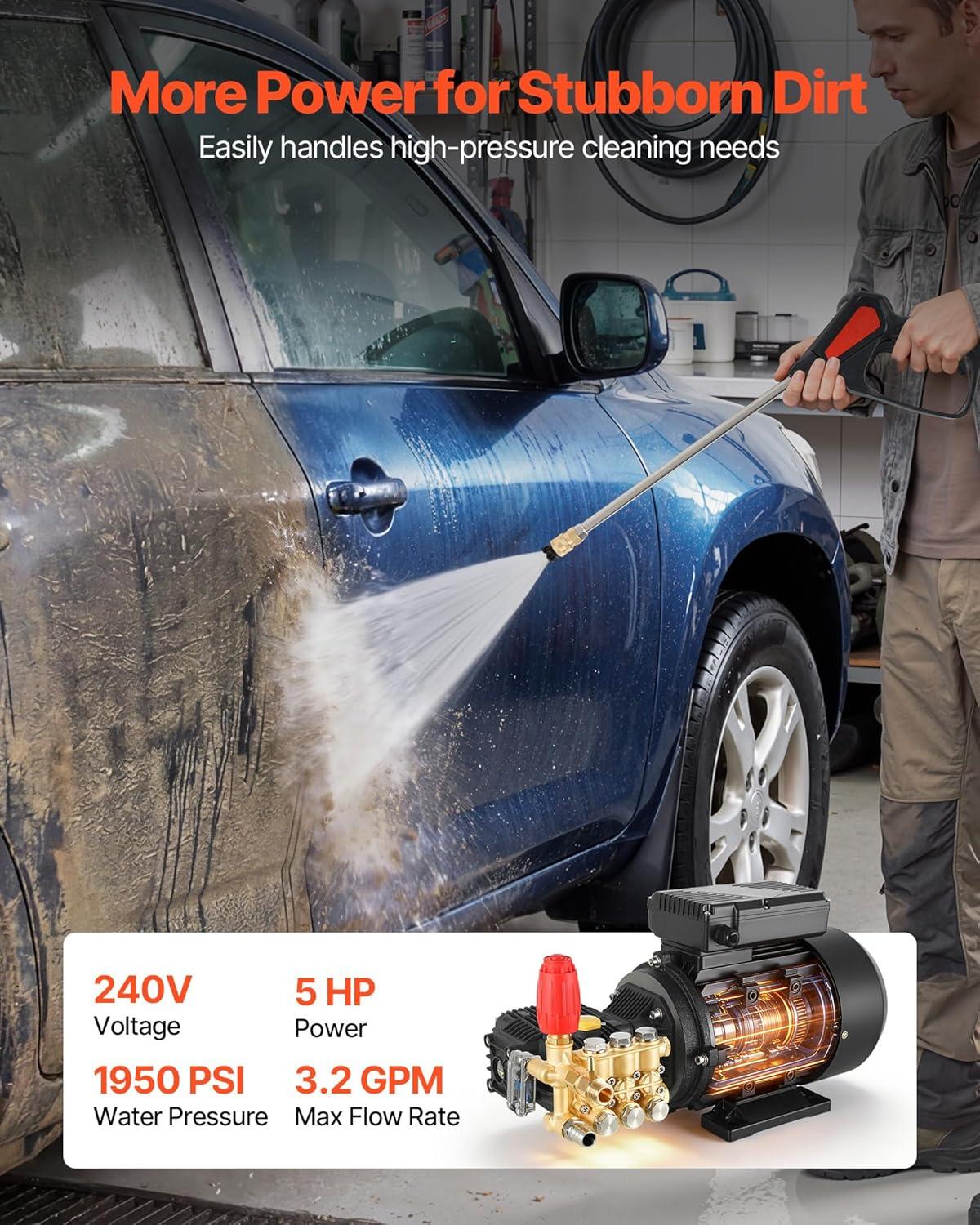 image:imageVEVOR Electric Pressure Washer Pump Kit 1950 PSI 32 GPM Triplex Power Washer Pump with 5 HP Motor 240 V Adjustable Water Pressure for Washing Cars Gardens Exterior Walls Machinery Equipment