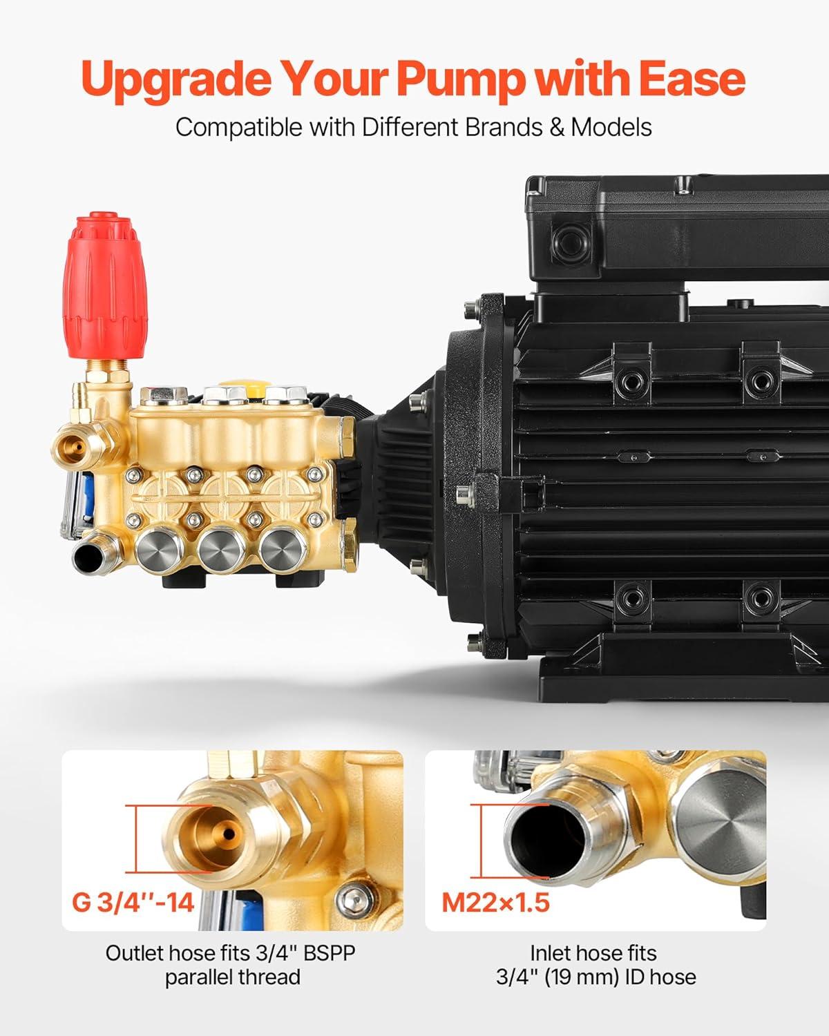 image:imageVEVOR Electric Pressure Washer Pump Kit 1950 PSI 32 GPM Triplex Power Washer Pump with 5 HP Motor 240 V Adjustable Water Pressure for Washing Cars Gardens Exterior Walls Machinery Equipment