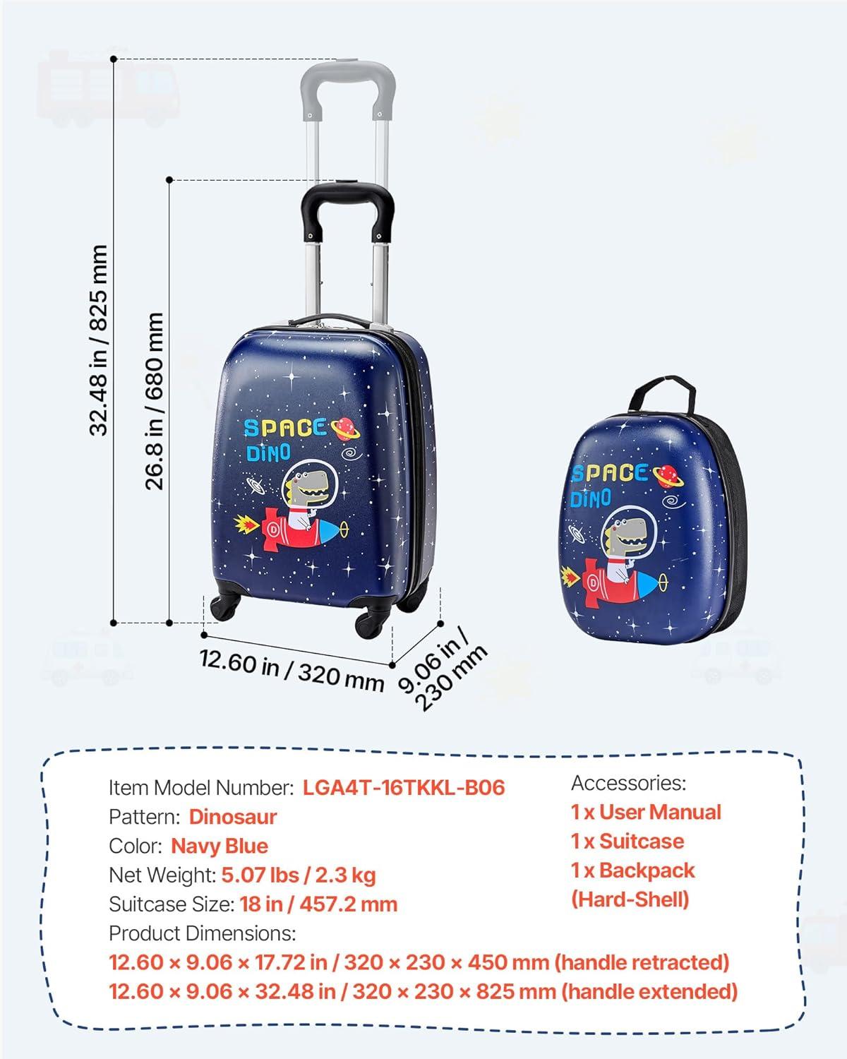 image:imageVEVOR Kids Luggage Set 5 Piece 18 Inch Hardside Rolling Wheels Suitcase with Backpack amp Ushape Pillow Bee Kids Carry on Luggage Set Holiday Birthday Gift for Girls Boys Airline ApprovedDinosaur