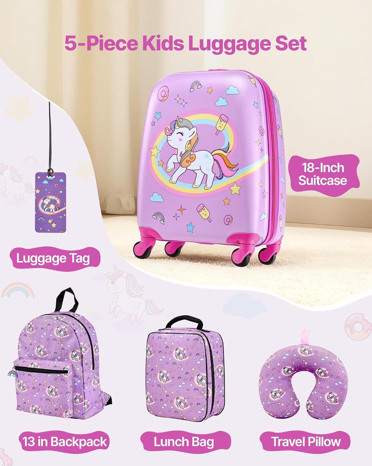 image:imageVEVOR Kids Luggage Set 5 Piece 18 Inch Hardside Rolling Wheels Suitcase with Backpack amp Ushape Pillow Bee Kids Carry on Luggage Set Holiday Birthday Gift for Girls Boys Airline ApprovedUnicorn