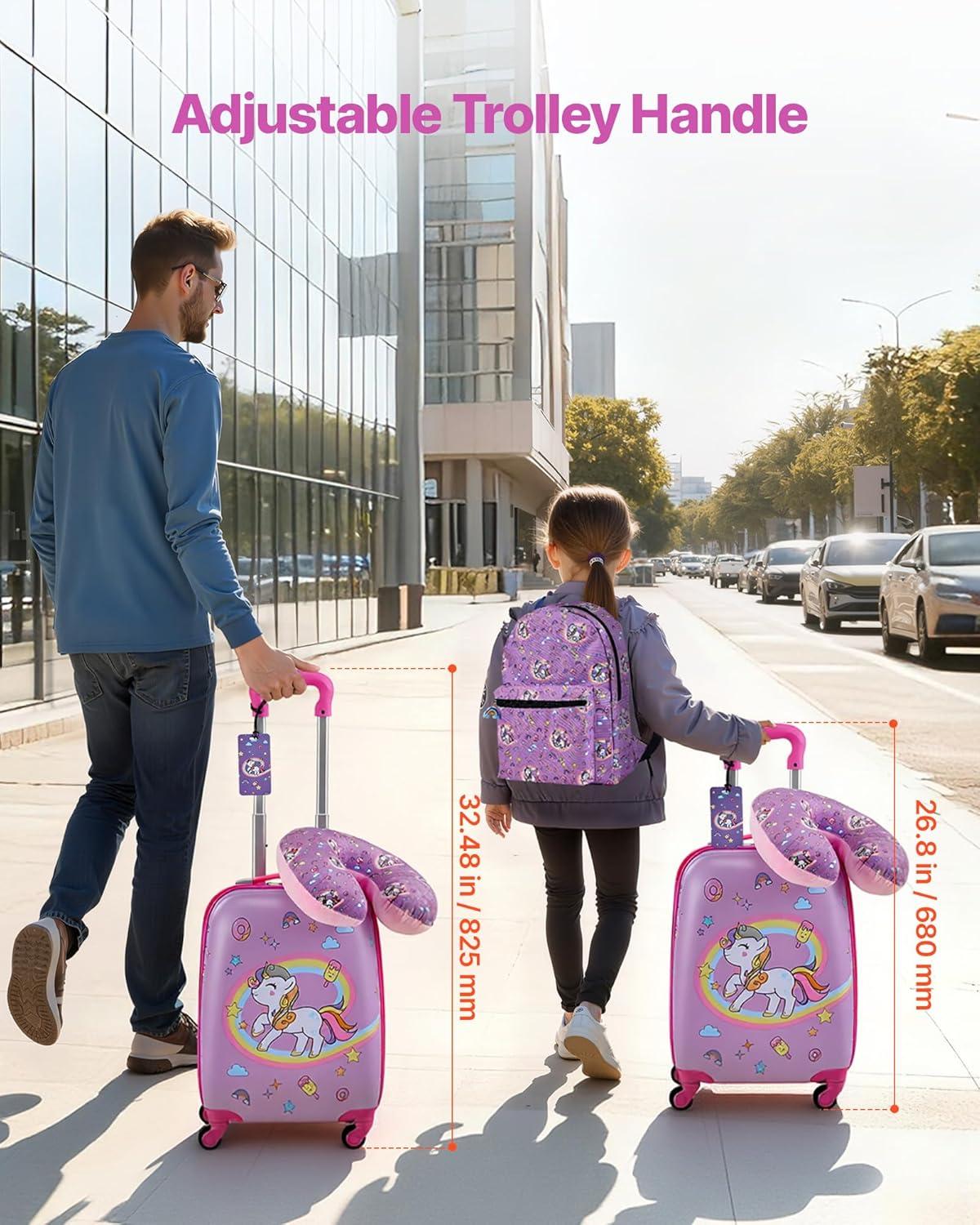 image:imageVEVOR Kids Luggage Set 5 Piece 18 Inch Hardside Rolling Wheels Suitcase with Backpack amp Ushape Pillow Bee Kids Carry on Luggage Set Holiday Birthday Gift for Girls Boys Airline ApprovedUnicorn