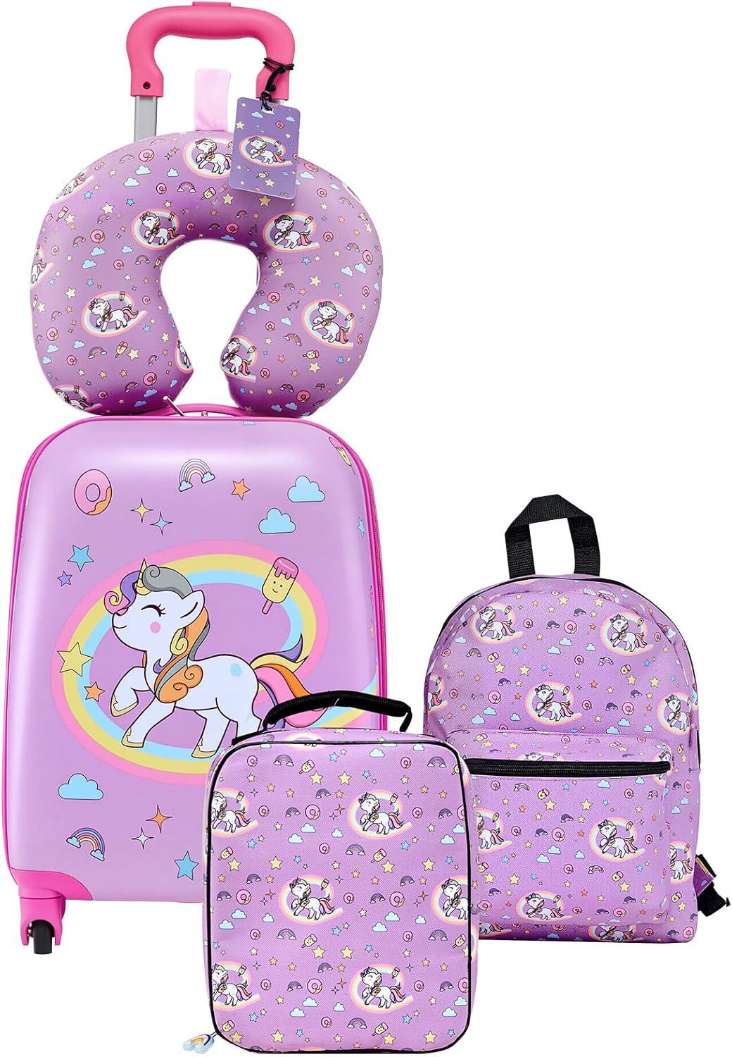 image:imageVEVOR Kids Luggage Set 5 Piece 18 Inch Hardside Rolling Wheels Suitcase with Backpack amp Ushape Pillow Bee Kids Carry on Luggage Set Holiday Birthday Gift for Girls Boys Airline ApprovedUnicorn