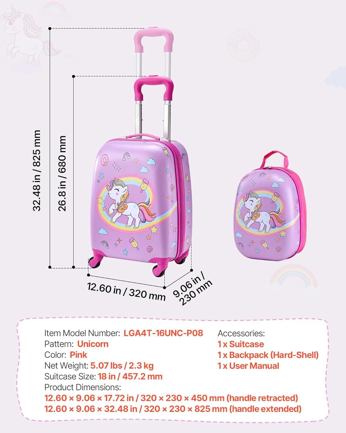 image:imageVEVOR Kids Luggage Set 5 Piece 18 Inch Hardside Rolling Wheels Suitcase with Backpack amp Ushape Pillow Bee Kids Carry on Luggage Set Holiday Birthday Gift for Girls Boys Airline ApprovedUnicorn