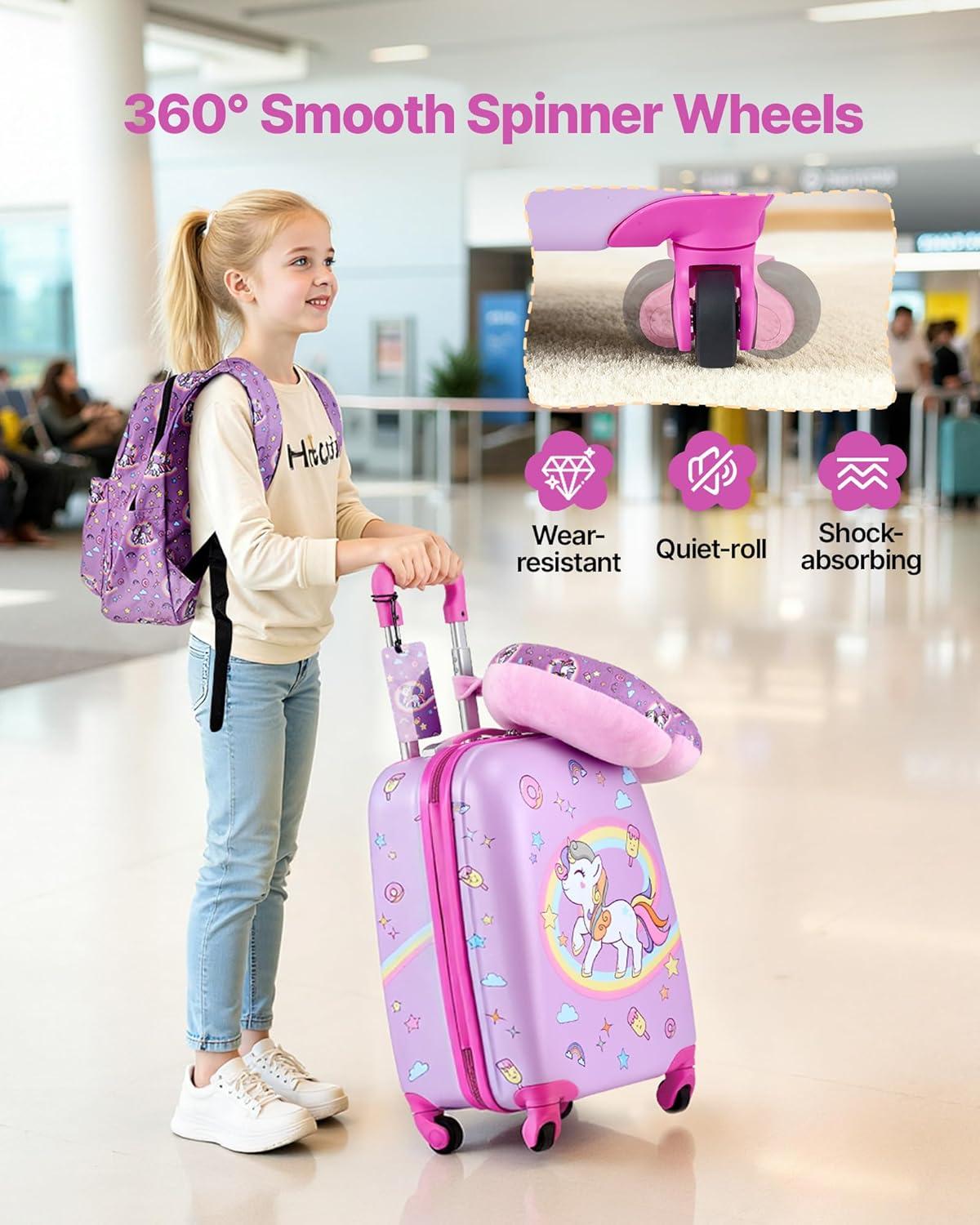 image:imageVEVOR Kids Luggage Set 5 Piece 18 Inch Hardside Rolling Wheels Suitcase with Backpack amp Ushape Pillow Bee Kids Carry on Luggage Set Holiday Birthday Gift for Girls Boys Airline ApprovedUnicorn