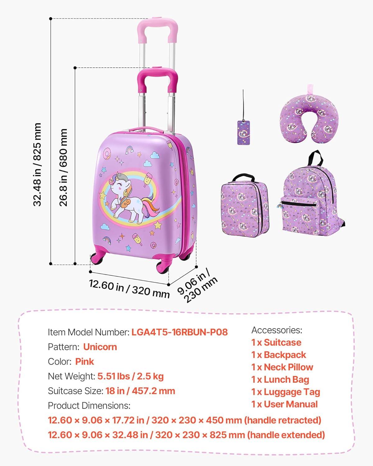 image:imageVEVOR Kids Luggage Set 5 Piece 18 Inch Hardside Rolling Wheels Suitcase with Backpack amp Ushape Pillow Bee Kids Carry on Luggage Set Holiday Birthday Gift for Girls Boys Airline ApprovedUnicorn