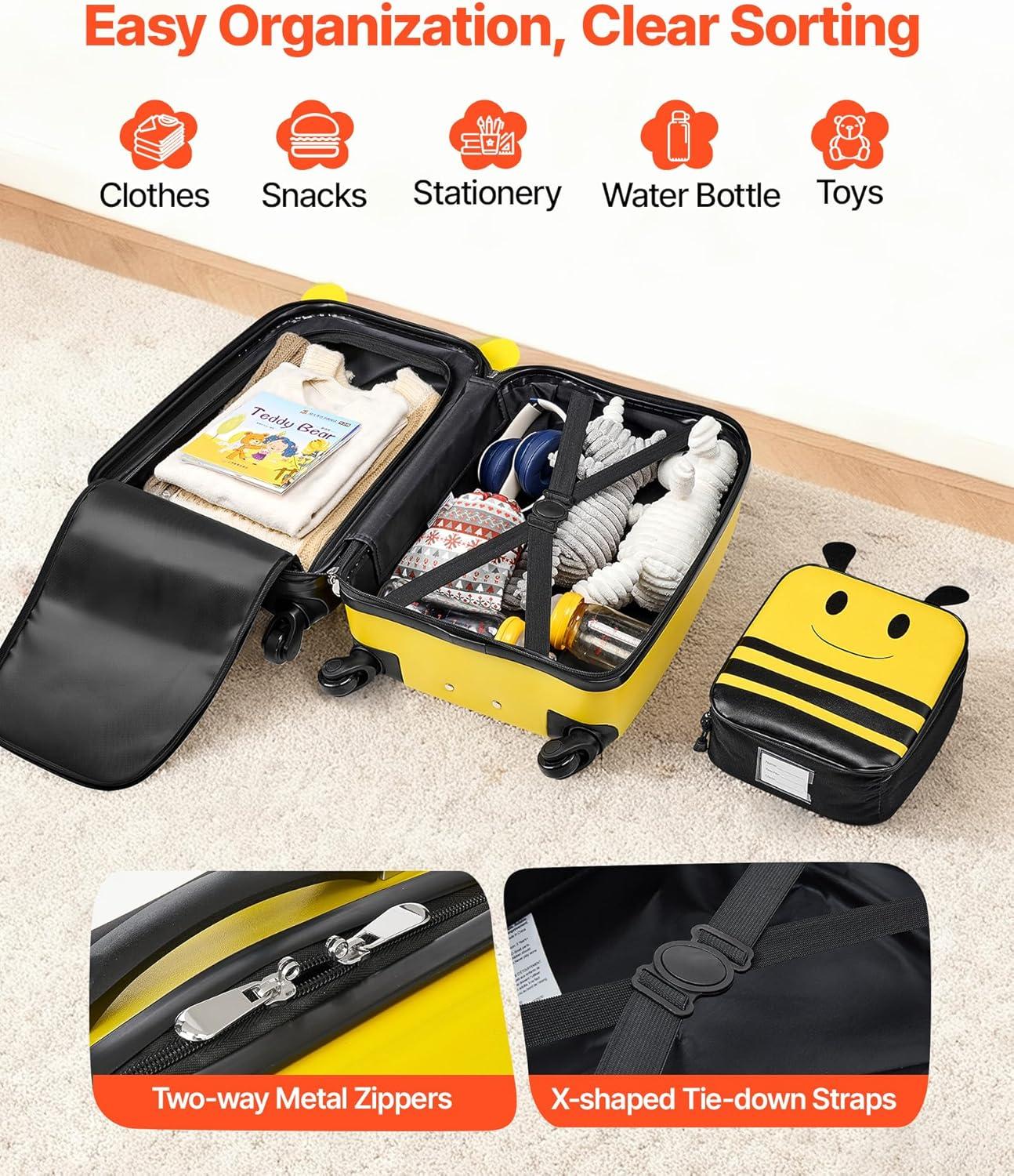 image:imageVEVOR Kids Luggage Set 5 Piece 18 Inch Hardside Rolling Wheels Suitcase with Backpack amp Ushape Pillow Bee Kids Carry on Luggage Set Holiday Birthday Gift for Girls Boys Airline ApprovedYellow