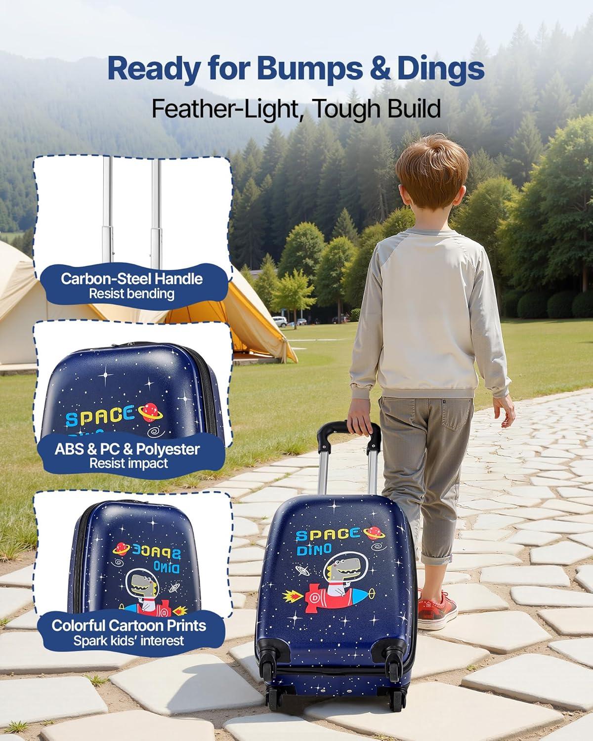 image:imageVEVOR Kids Luggage Set 5 Piece 18 Inch Hardside Rolling Wheels Suitcase with Backpack amp Ushape Pillow Bee Kids Carry on Luggage Set Holiday Birthday Gift for Girls Boys Airline ApprovedDinosaur