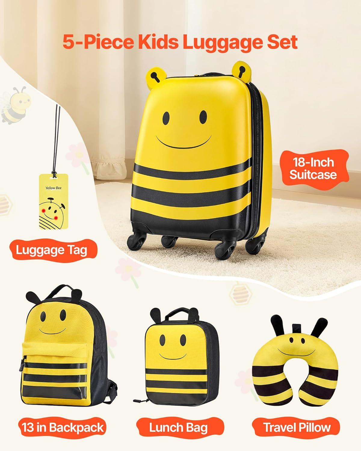 image:imageVEVOR Kids Luggage Set 5 Piece 18 Inch Hardside Rolling Wheels Suitcase with Backpack amp Ushape Pillow Bee Kids Carry on Luggage Set Holiday Birthday Gift for Girls Boys Airline ApprovedYellow