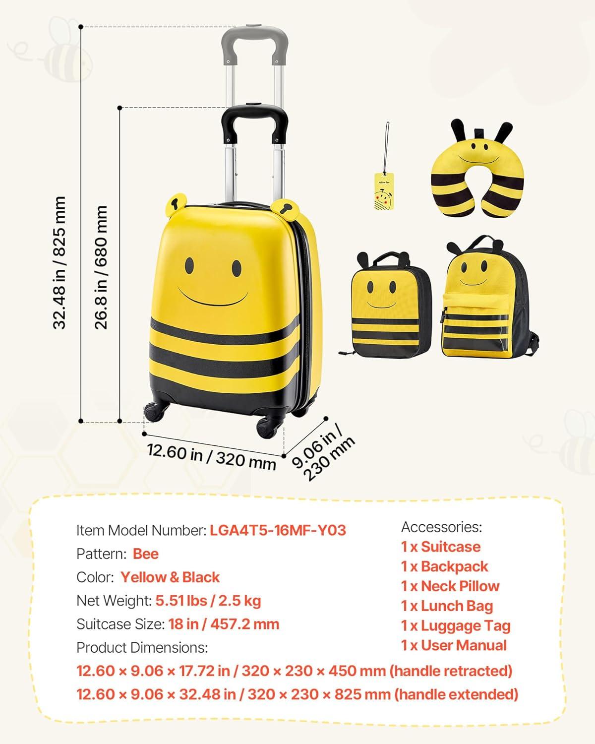 image:imageVEVOR Kids Luggage Set 5 Piece 18 Inch Hardside Rolling Wheels Suitcase with Backpack amp Ushape Pillow Bee Kids Carry on Luggage Set Holiday Birthday Gift for Girls Boys Airline ApprovedYellow