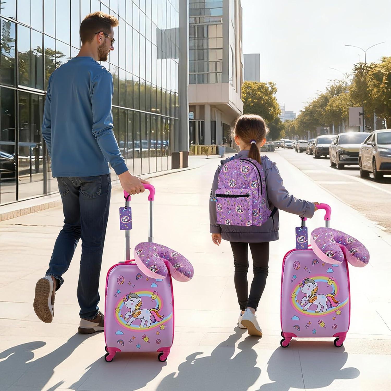 image:imageVEVOR Kids Luggage Set 5 Piece 18 Inch Hardside Rolling Wheels Suitcase with Backpack amp Ushape Pillow Bee Kids Carry on Luggage Set Holiday Birthday Gift for Girls Boys Airline ApprovedUnicorn