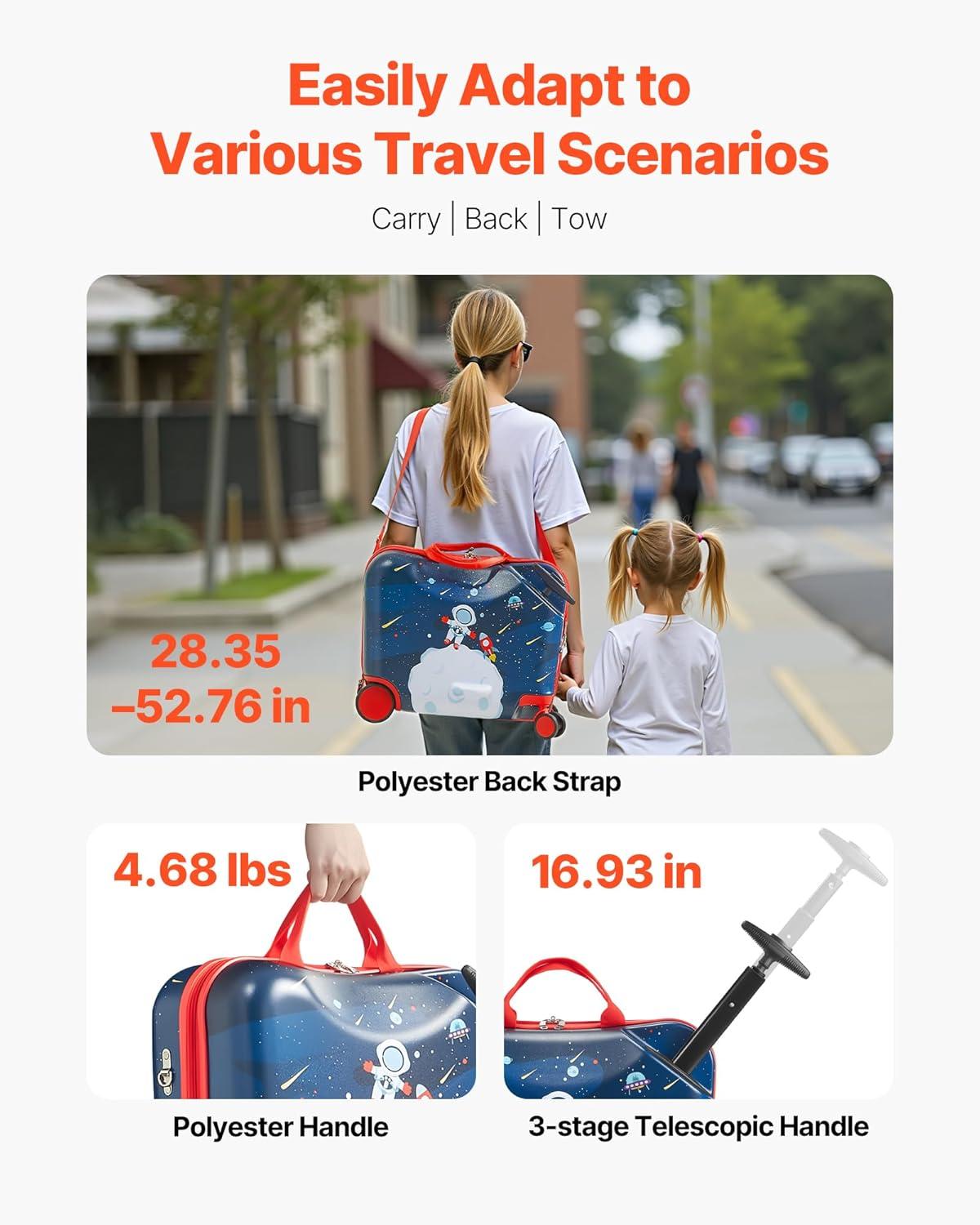 image:imageVEVOR Kids Luggage Set 5 Piece 18 Inch Hardside Rolling Wheels Suitcase with Backpack amp Ushape Pillow Bee Kids Carry on Luggage Set Holiday Birthday Gift for Girls Boys Airline ApprovedSpaceman