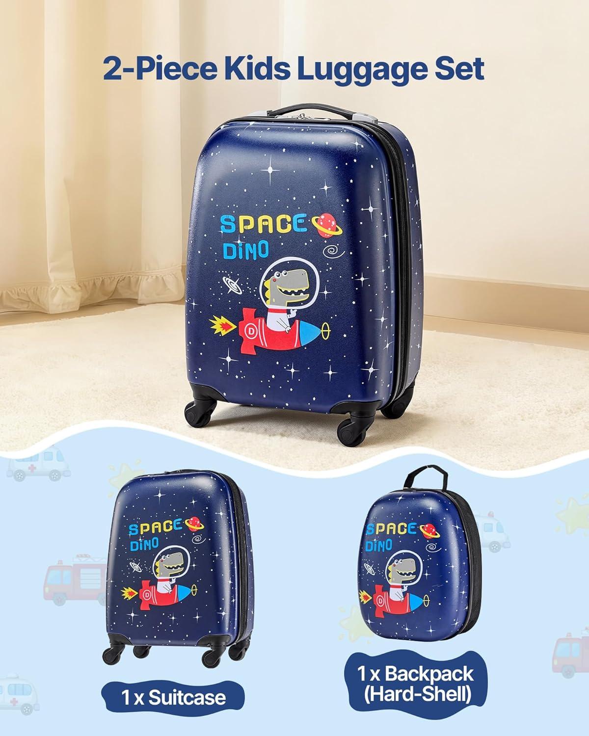 image:imageVEVOR Kids Luggage Set 5 Piece 18 Inch Hardside Rolling Wheels Suitcase with Backpack amp Ushape Pillow Bee Kids Carry on Luggage Set Holiday Birthday Gift for Girls Boys Airline ApprovedDinosaur