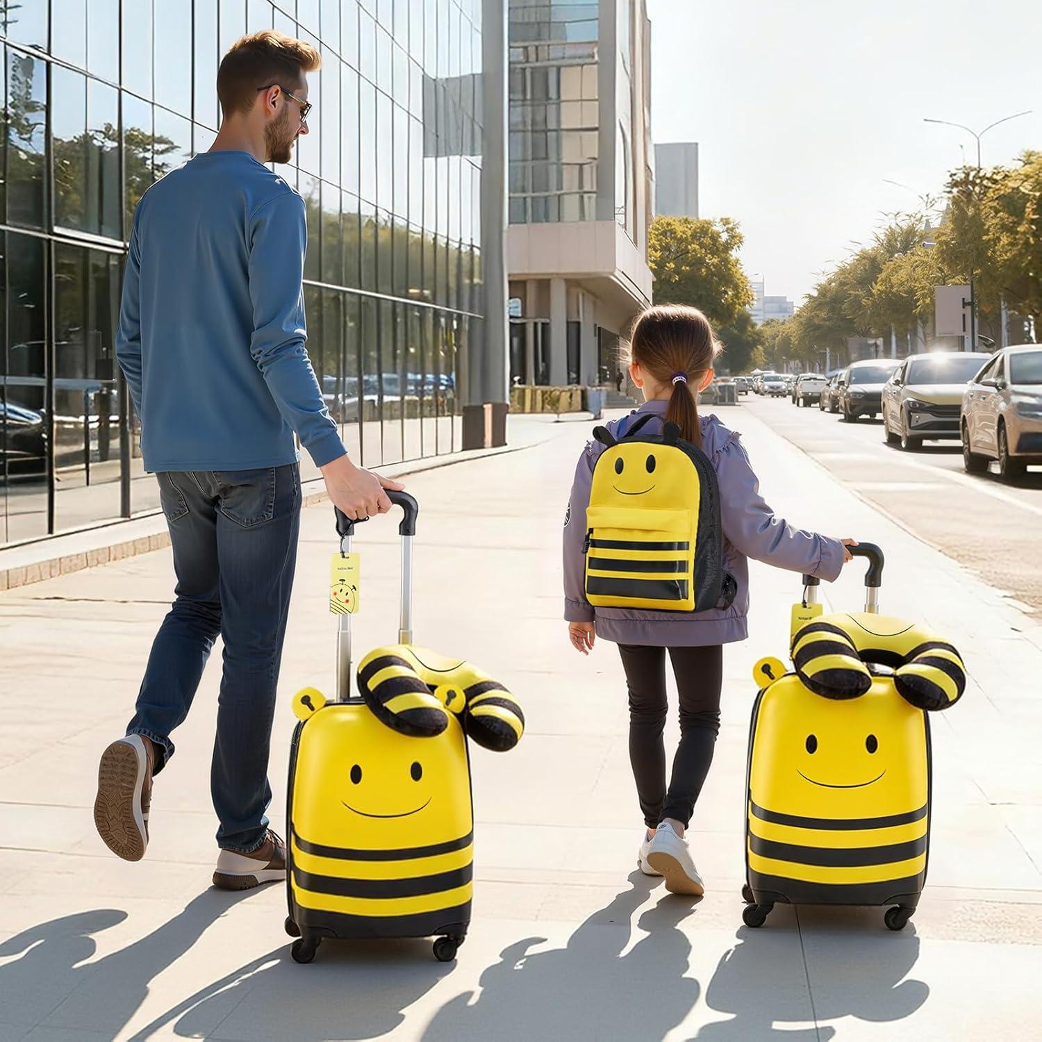image:imageVEVOR Kids Luggage Set 5 Piece 18 Inch Hardside Rolling Wheels Suitcase with Backpack amp Ushape Pillow Bee Kids Carry on Luggage Set Holiday Birthday Gift for Girls Boys Airline ApprovedYellow