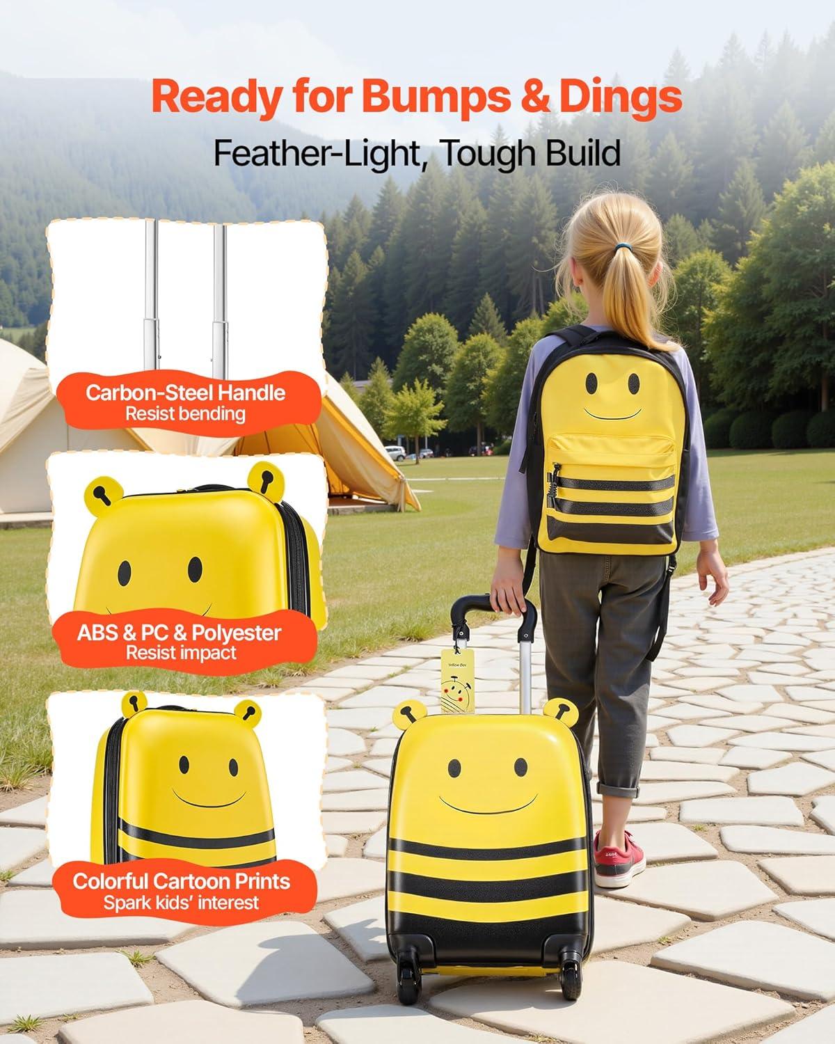 image:imageVEVOR Kids Luggage Set 5 Piece 18 Inch Hardside Rolling Wheels Suitcase with Backpack amp Ushape Pillow Bee Kids Carry on Luggage Set Holiday Birthday Gift for Girls Boys Airline ApprovedYellow