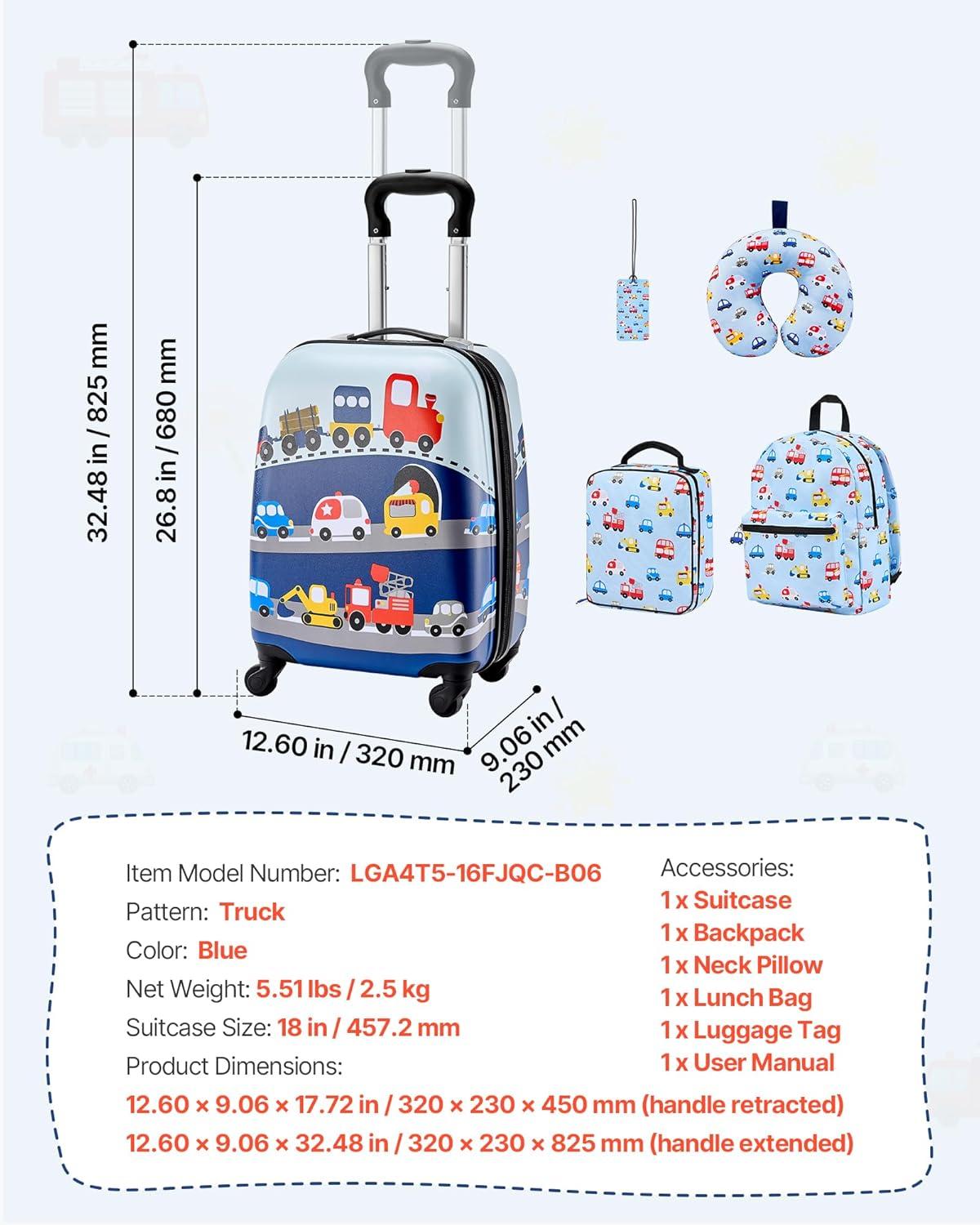 image:imageVEVOR Kids Luggage Set 5 Piece 18 Inch Hardside Rolling Wheels Suitcase with Backpack amp Ushape Pillow Bee Kids Carry on Luggage Set Holiday Birthday Gift for Girls Boys Airline ApprovedCar