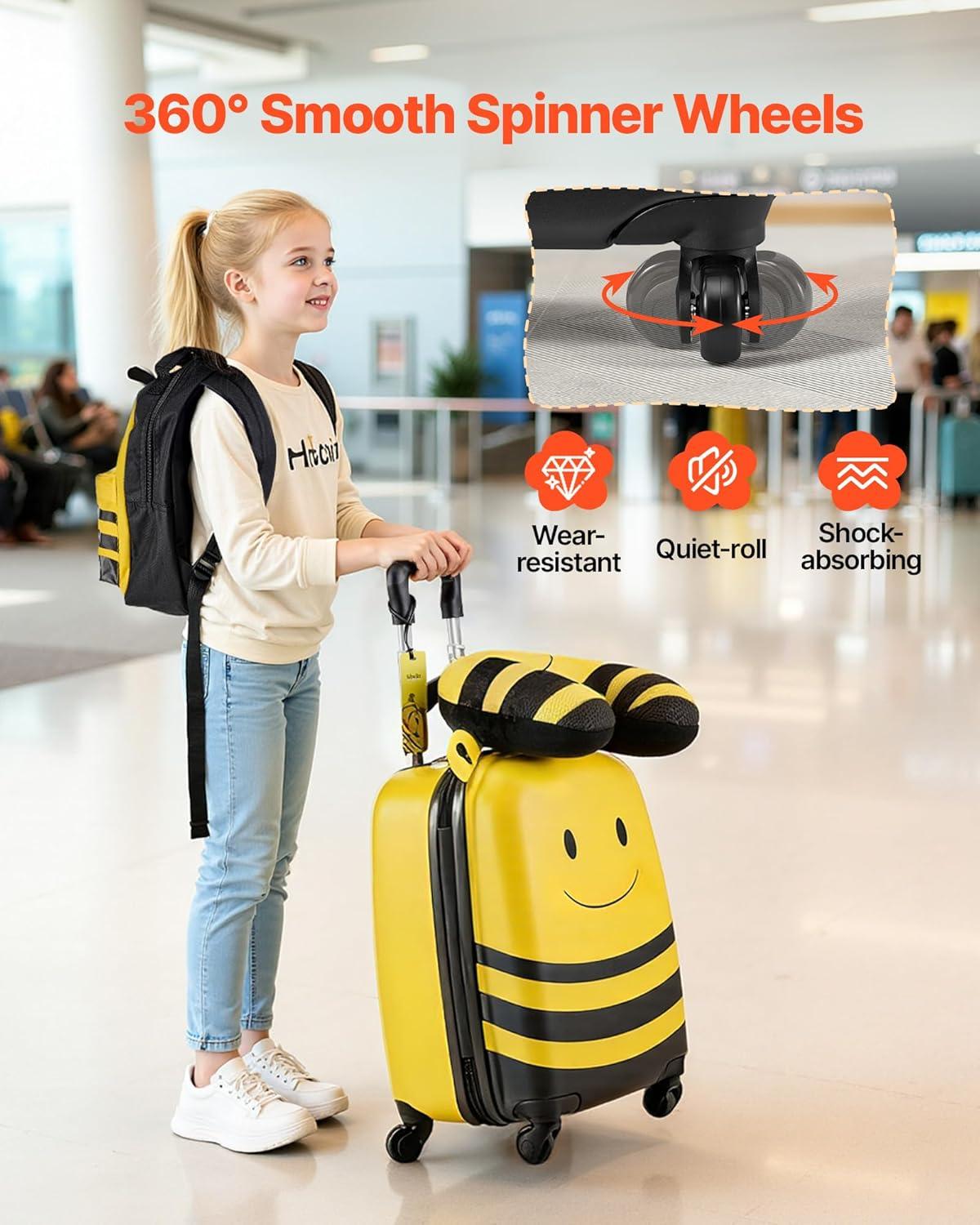 image:imageVEVOR Kids Luggage Set 5 Piece 18 Inch Hardside Rolling Wheels Suitcase with Backpack amp Ushape Pillow Bee Kids Carry on Luggage Set Holiday Birthday Gift for Girls Boys Airline ApprovedYellow