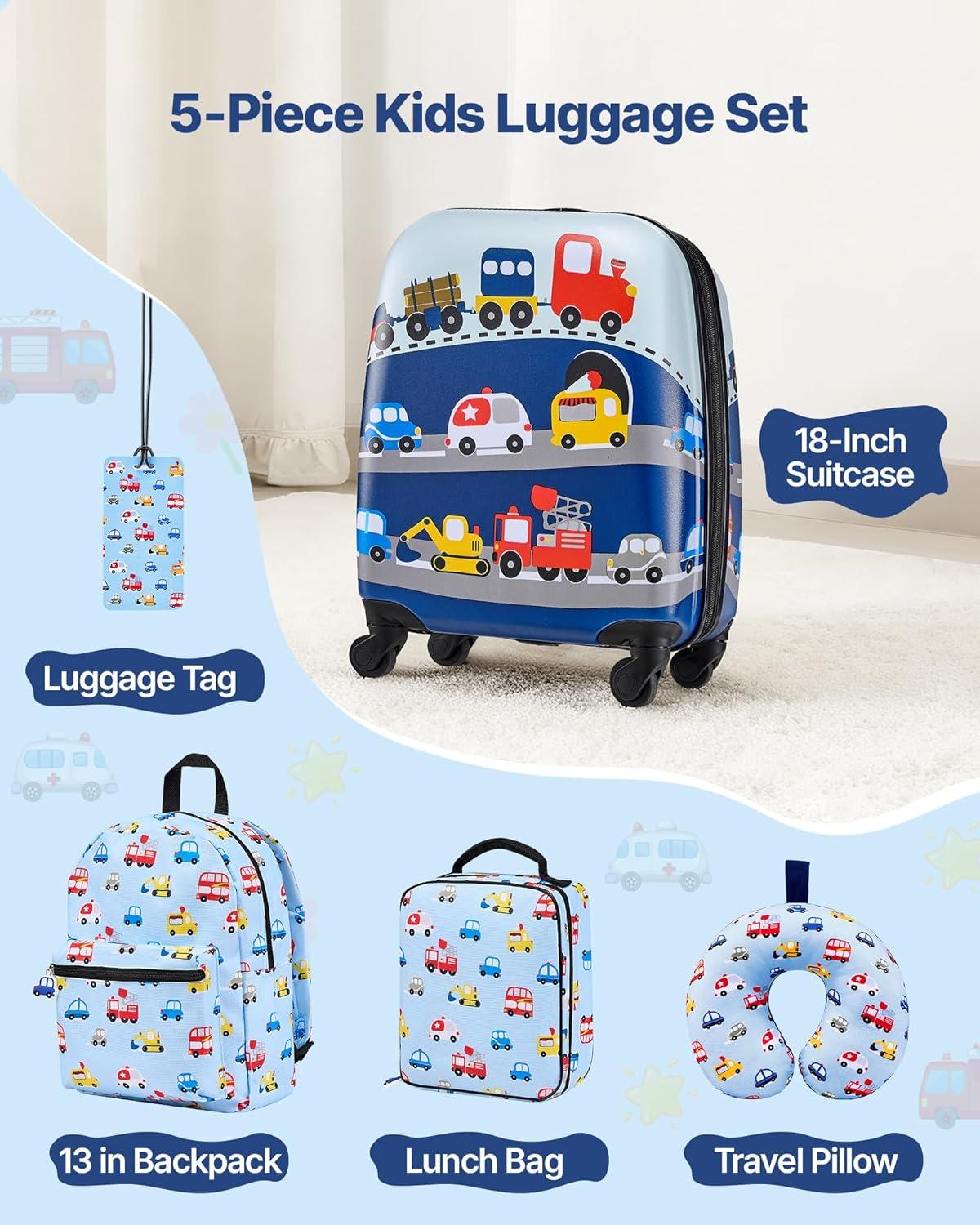image:imageVEVOR Kids Luggage Set 5 Piece 18 Inch Hardside Rolling Wheels Suitcase with Backpack amp Ushape Pillow Bee Kids Carry on Luggage Set Holiday Birthday Gift for Girls Boys Airline ApprovedCar