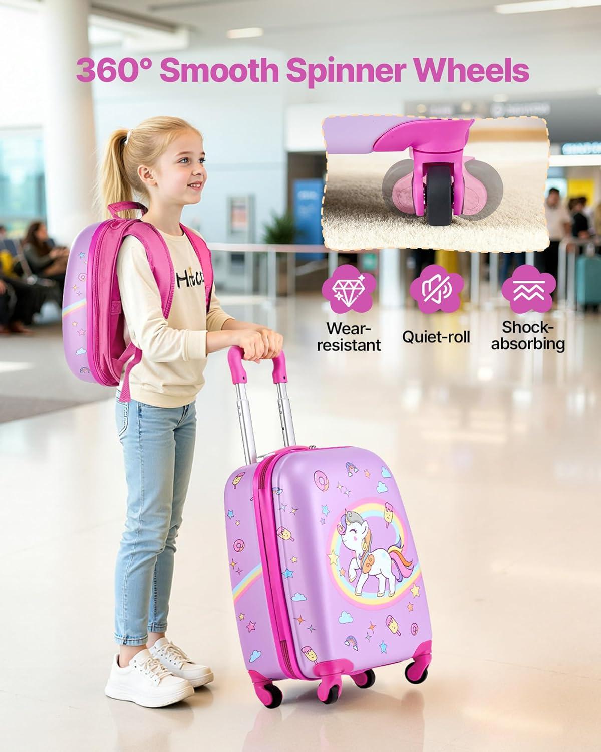 image:imageVEVOR Kids Luggage Set 5 Piece 18 Inch Hardside Rolling Wheels Suitcase with Backpack amp Ushape Pillow Bee Kids Carry on Luggage Set Holiday Birthday Gift for Girls Boys Airline ApprovedUnicorn